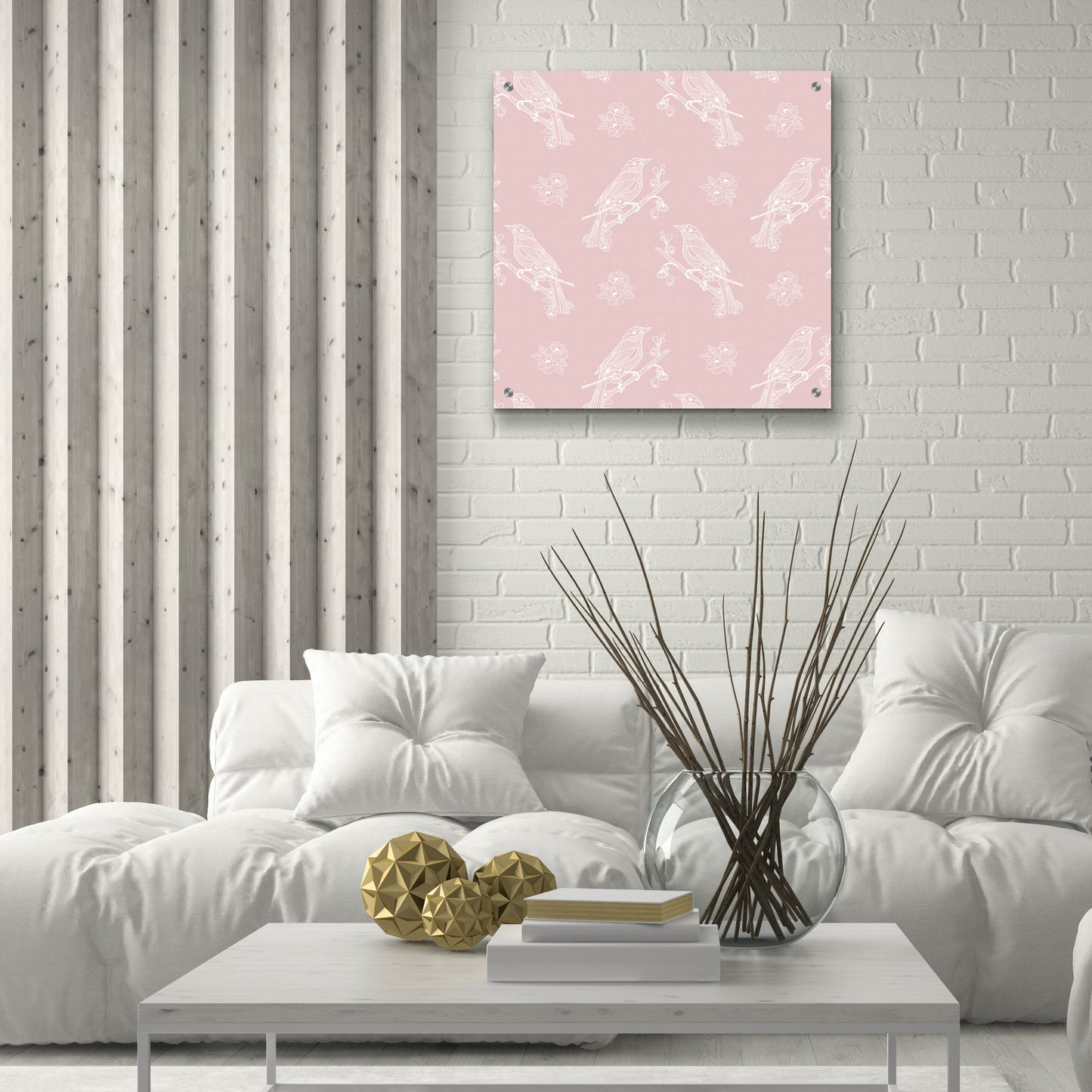 Epic Art 'Pure Bird On A Branch Pattern Pink Background' by Sabrina Balbuena, Acrylic Glass Wall Art,24x24