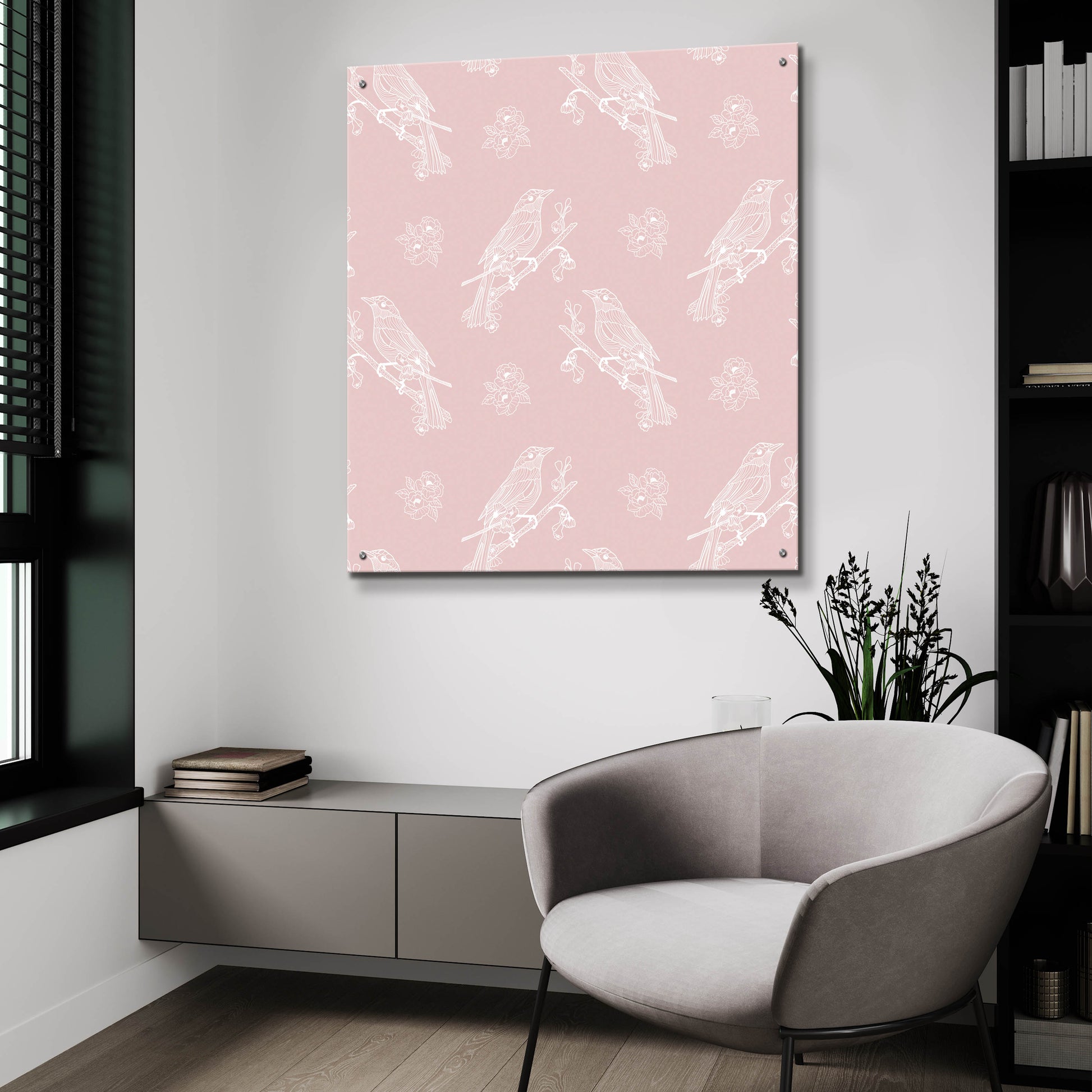 Epic Art 'Pure Bird On A Branch Pattern Pink Background' by Sabrina Balbuena, Acrylic Glass Wall Art,36x36