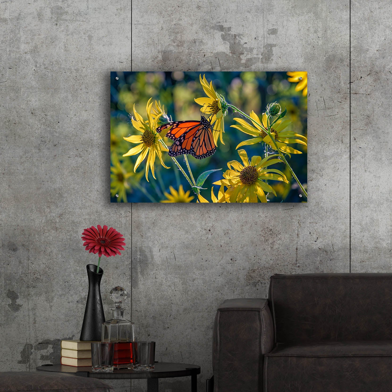 Epic Art 'The Monarch and the Sunflower' by Rick Berk, Acrylic Glass Wall Art,36x24
