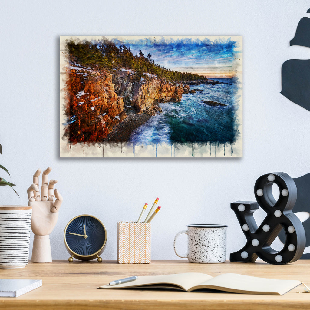 Epic Art 'The Schoodic Shoreline Watercolor' by Rick Berk, Acrylic Glass Wall Art,16x12