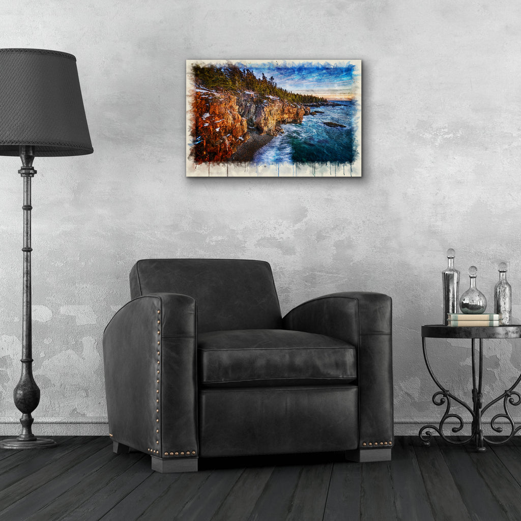 Epic Art 'The Schoodic Shoreline Watercolor' by Rick Berk, Acrylic Glass Wall Art,24x16