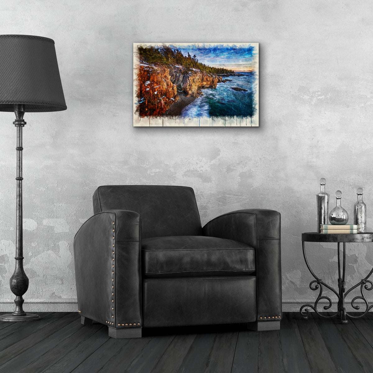 Epic Art 'The Schoodic Shoreline Watercolor' by Rick Berk, Acrylic Glass Wall Art,24x16