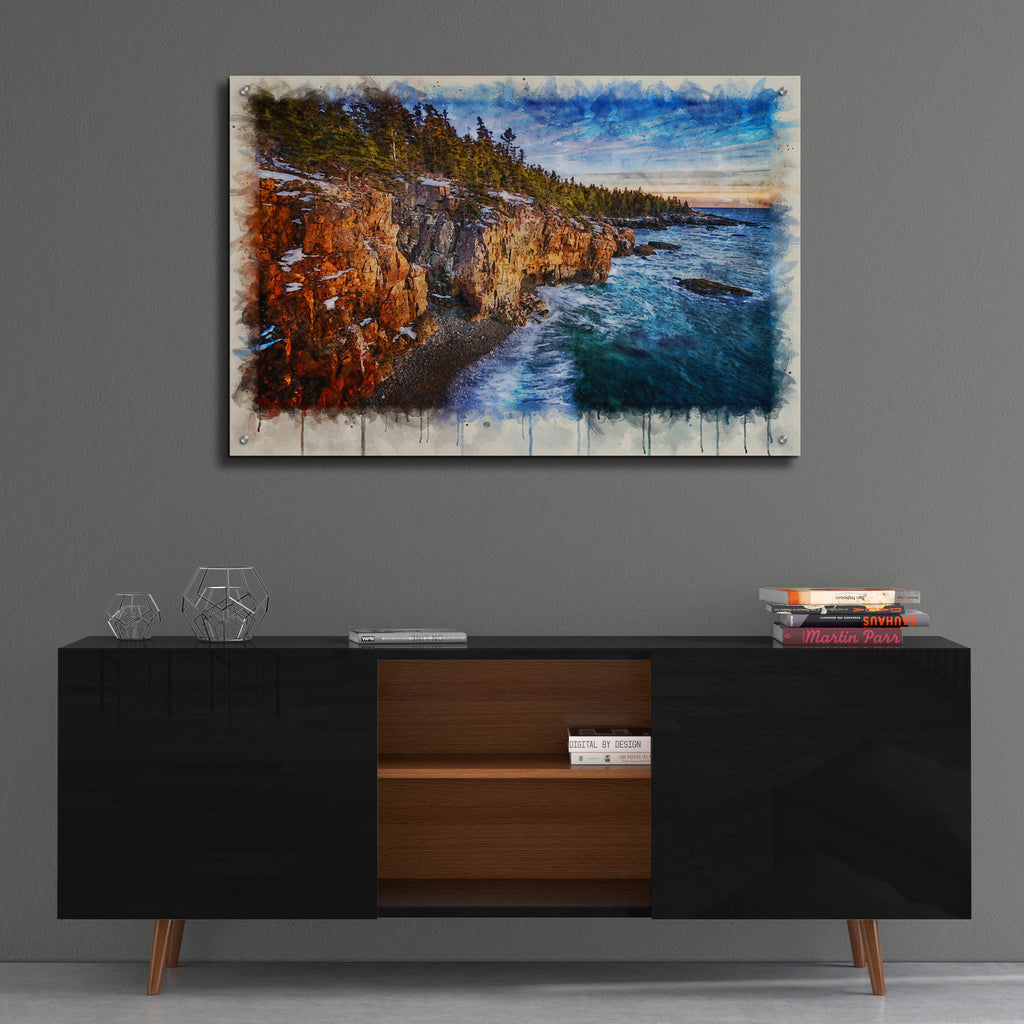 Epic Art 'The Schoodic Shoreline Watercolor' by Rick Berk, Acrylic Glass Wall Art,36x24