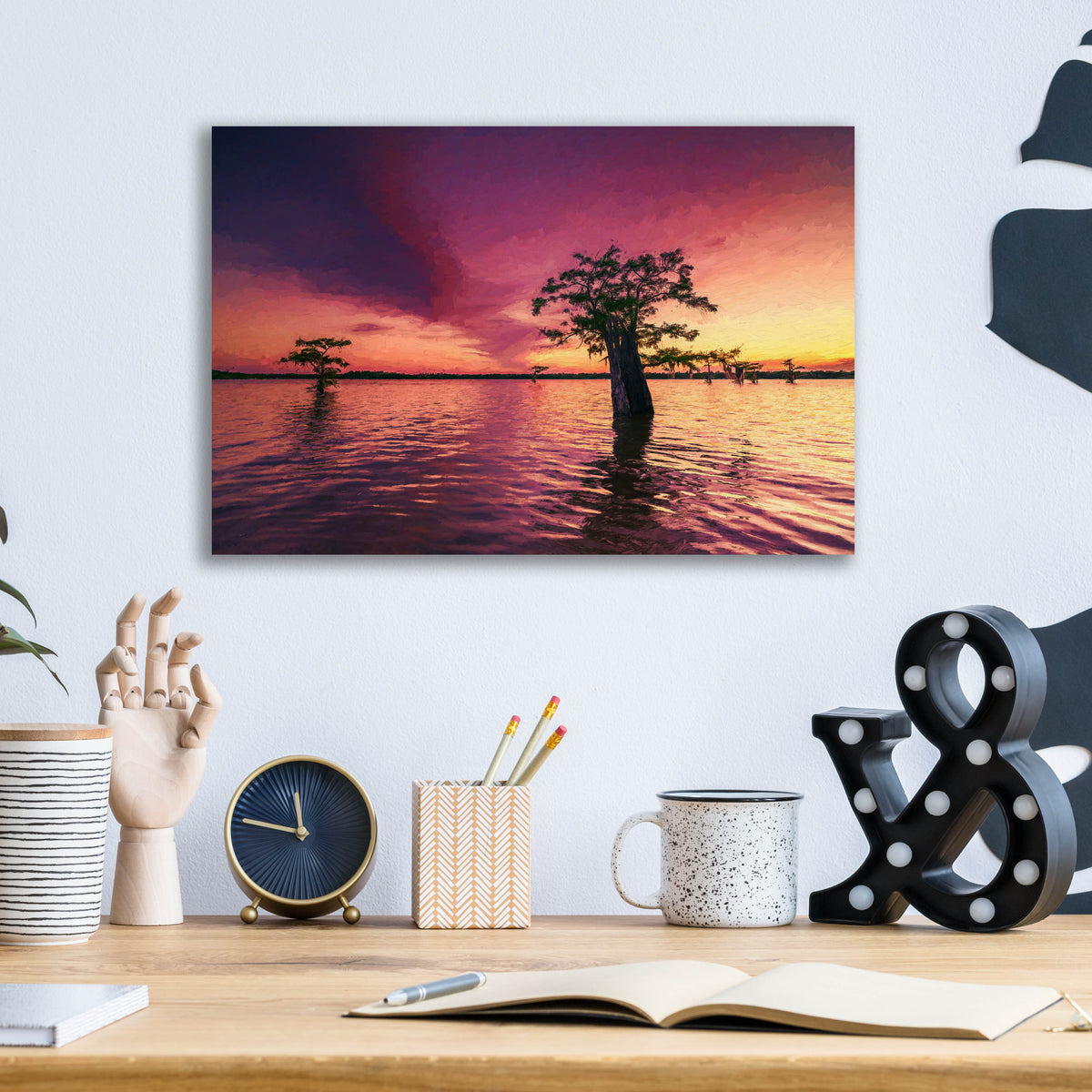 Epic Art 'Atchafalaya Sunset Oil Painting' by Rick Berk, Acrylic Glass Wall Art,16x12