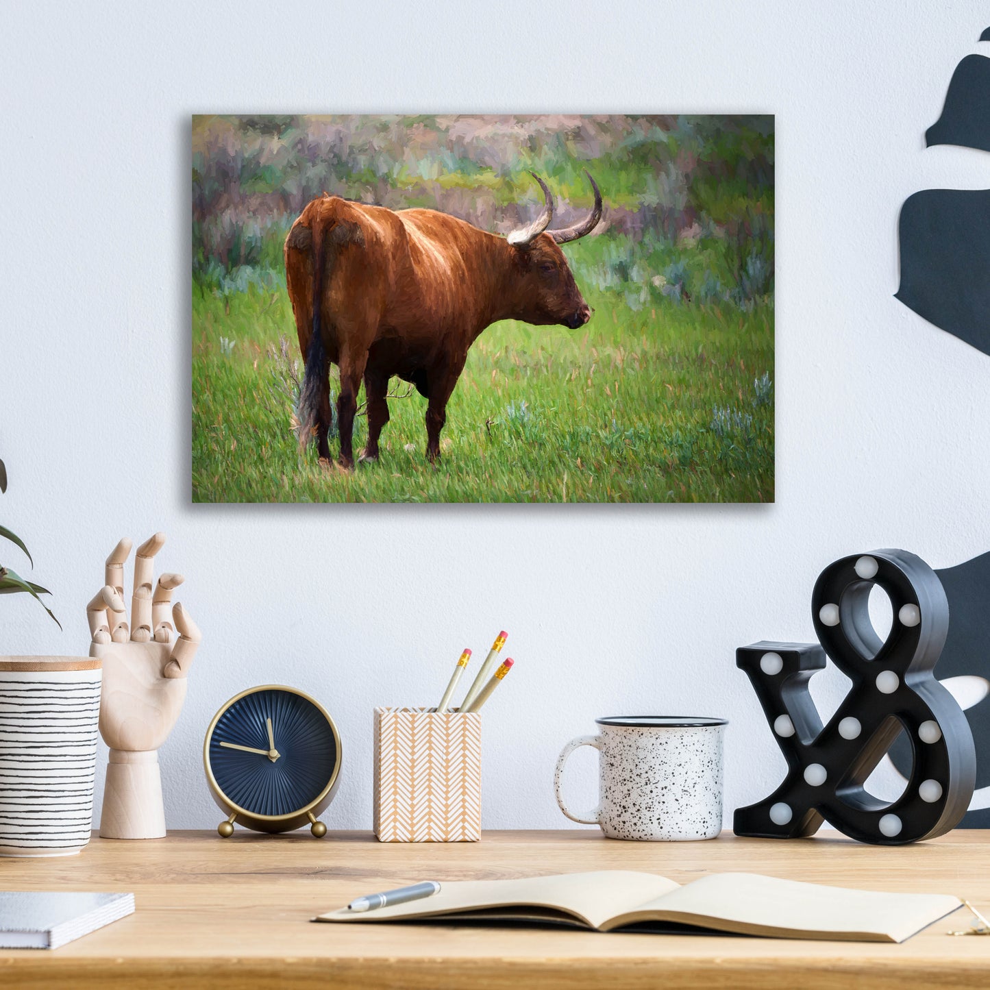 Epic Art 'Longhorn Oil Painting' by Rick Berk, Acrylic Glass Wall Art,16x12