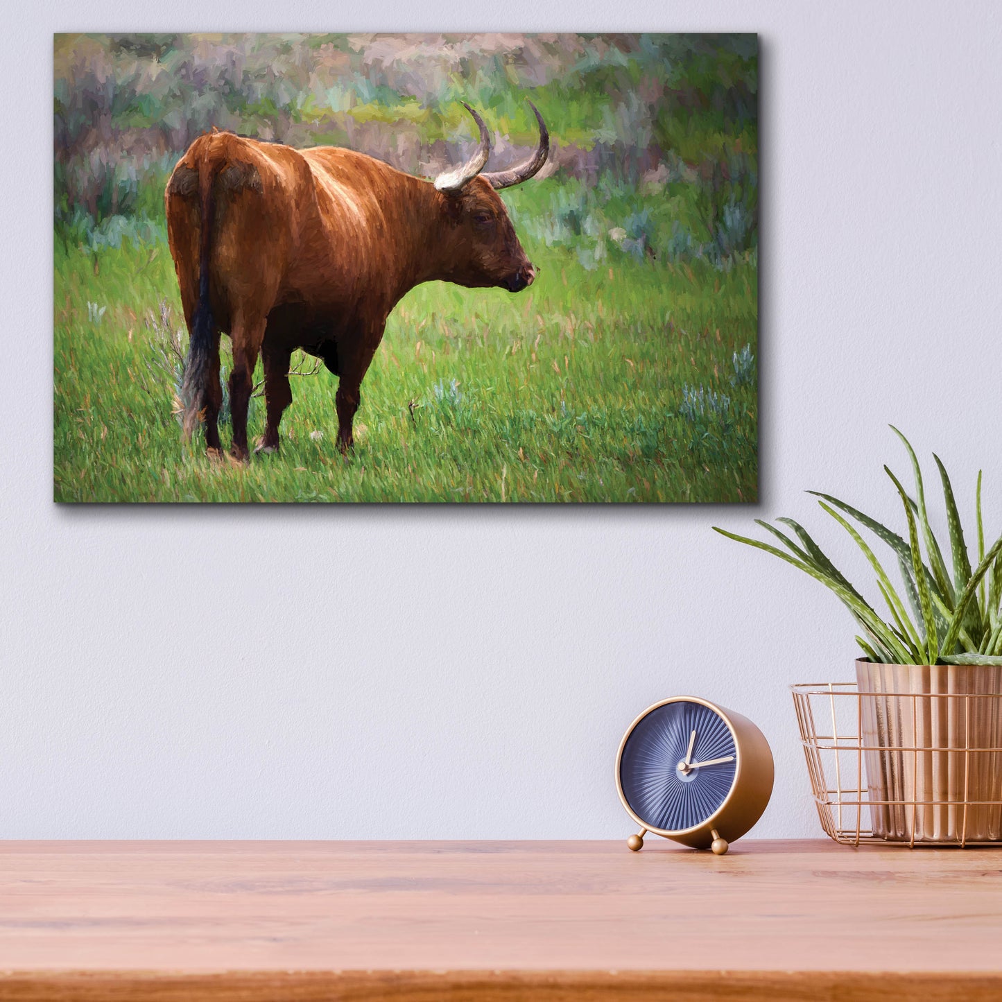 Epic Art 'Longhorn Oil Painting' by Rick Berk, Acrylic Glass Wall Art,16x12