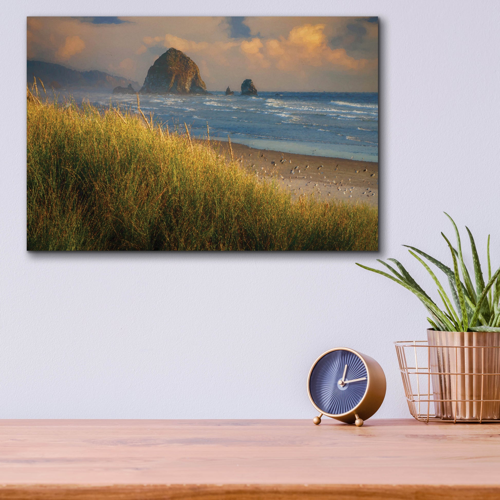 Epic Art 'Summer Evening at Haystack Rock Oil Painting' by Rick Berk, Acrylic Glass Wall Art,16x12