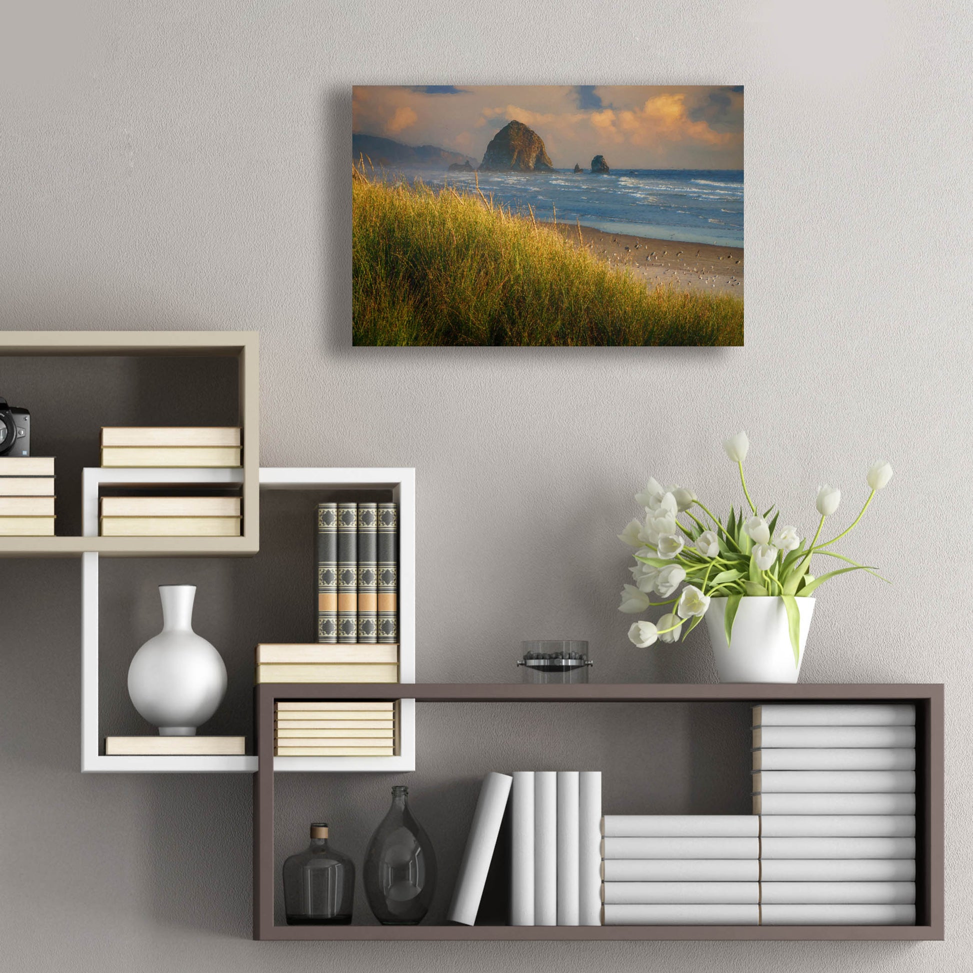 Epic Art 'Summer Evening at Haystack Rock Oil Painting' by Rick Berk, Acrylic Glass Wall Art,24x16