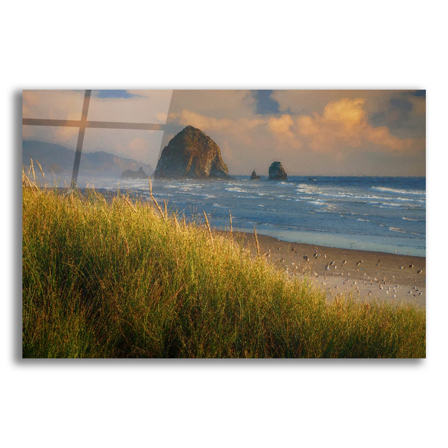 Epic Art 'Summer Evening at Haystack Rock Oil Painting' by Rick Berk, Acrylic Glass Wall Art,24x16