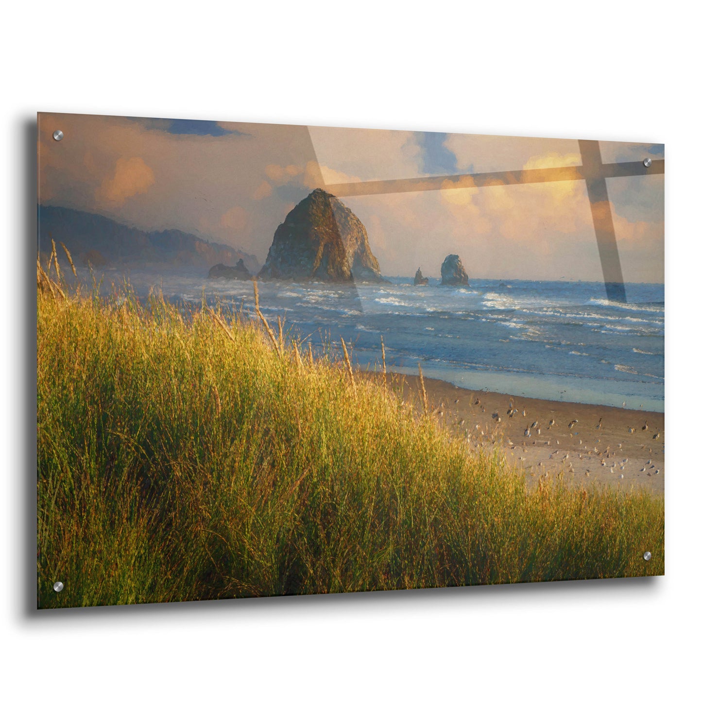 Epic Art 'Summer Evening at Haystack Rock Oil Painting' by Rick Berk, Acrylic Glass Wall Art,36x24