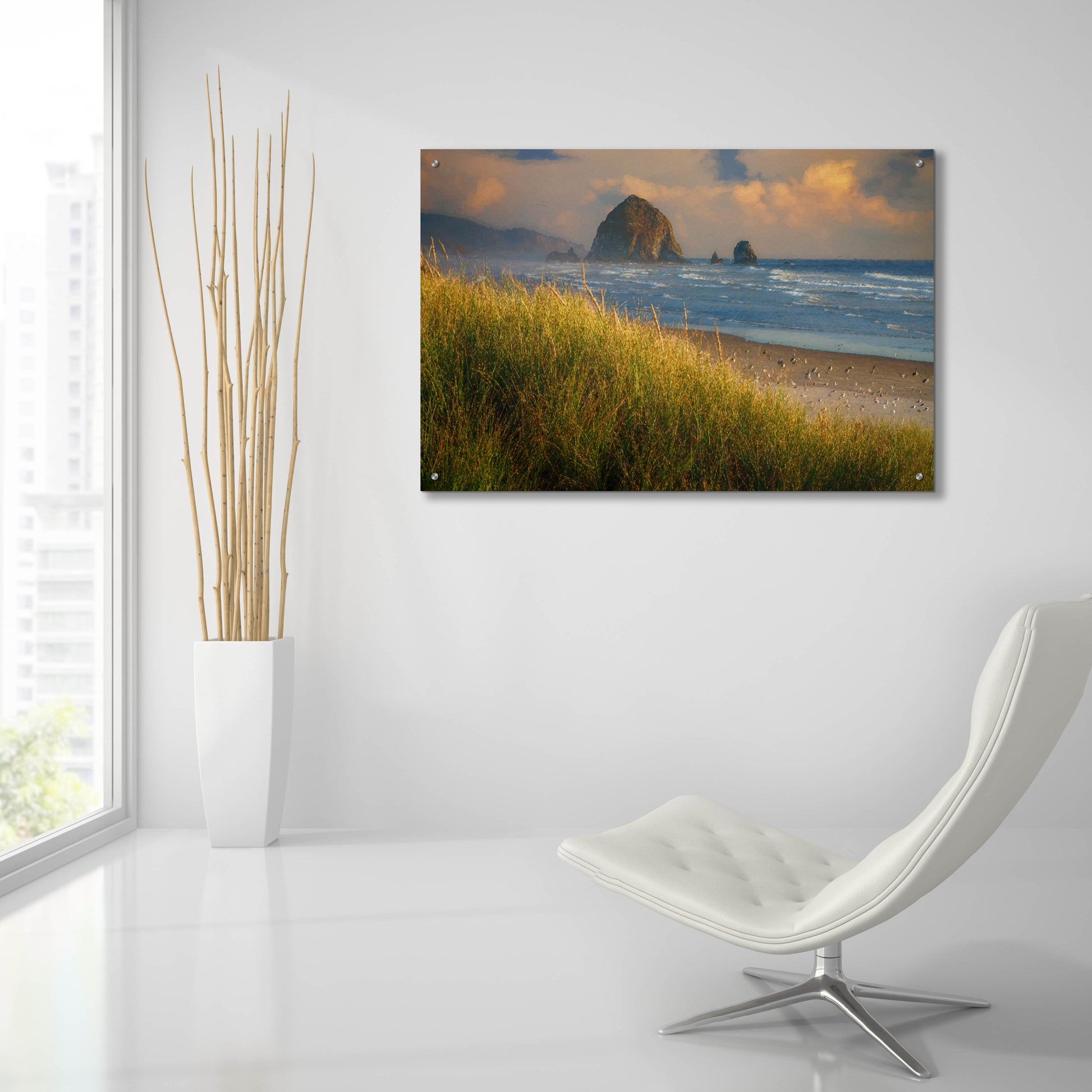 Epic Art 'Summer Evening at Haystack Rock Oil Painting' by Rick Berk, Acrylic Glass Wall Art,36x24