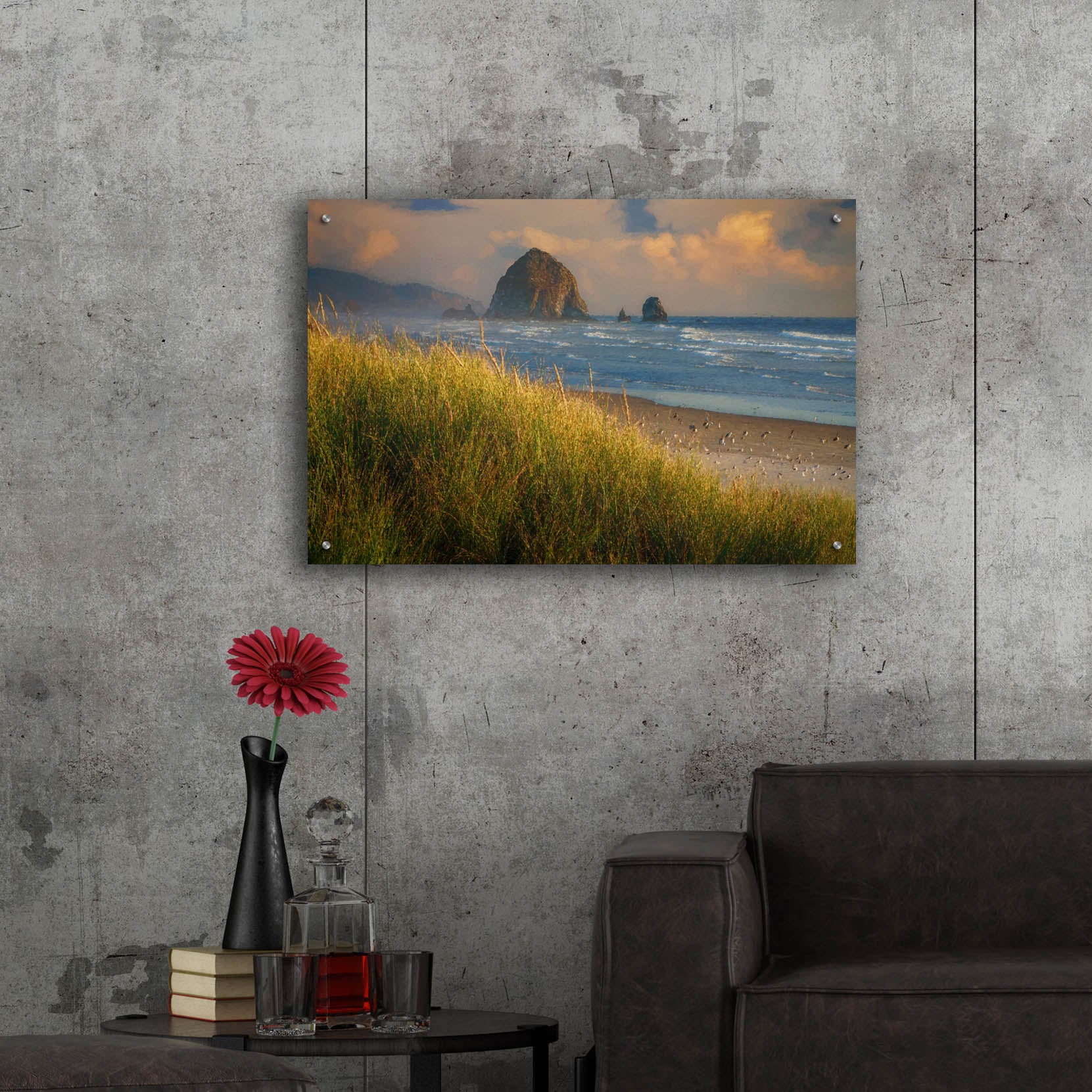 Epic Art 'Summer Evening at Haystack Rock Oil Painting' by Rick Berk, Acrylic Glass Wall Art,36x24