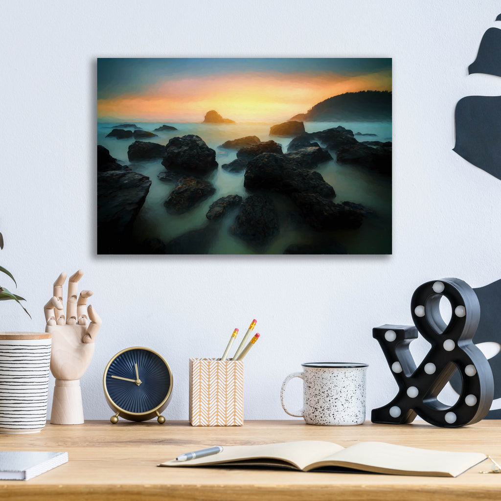Epic Art 'Misty Sunset on Indian Beach Oil Painting' by Rick Berk, Acrylic Glass Wall Art,16x12