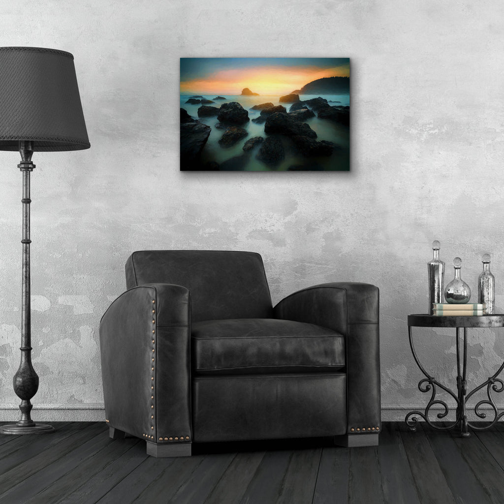Epic Art 'Misty Sunset on Indian Beach Oil Painting' by Rick Berk, Acrylic Glass Wall Art,24x16