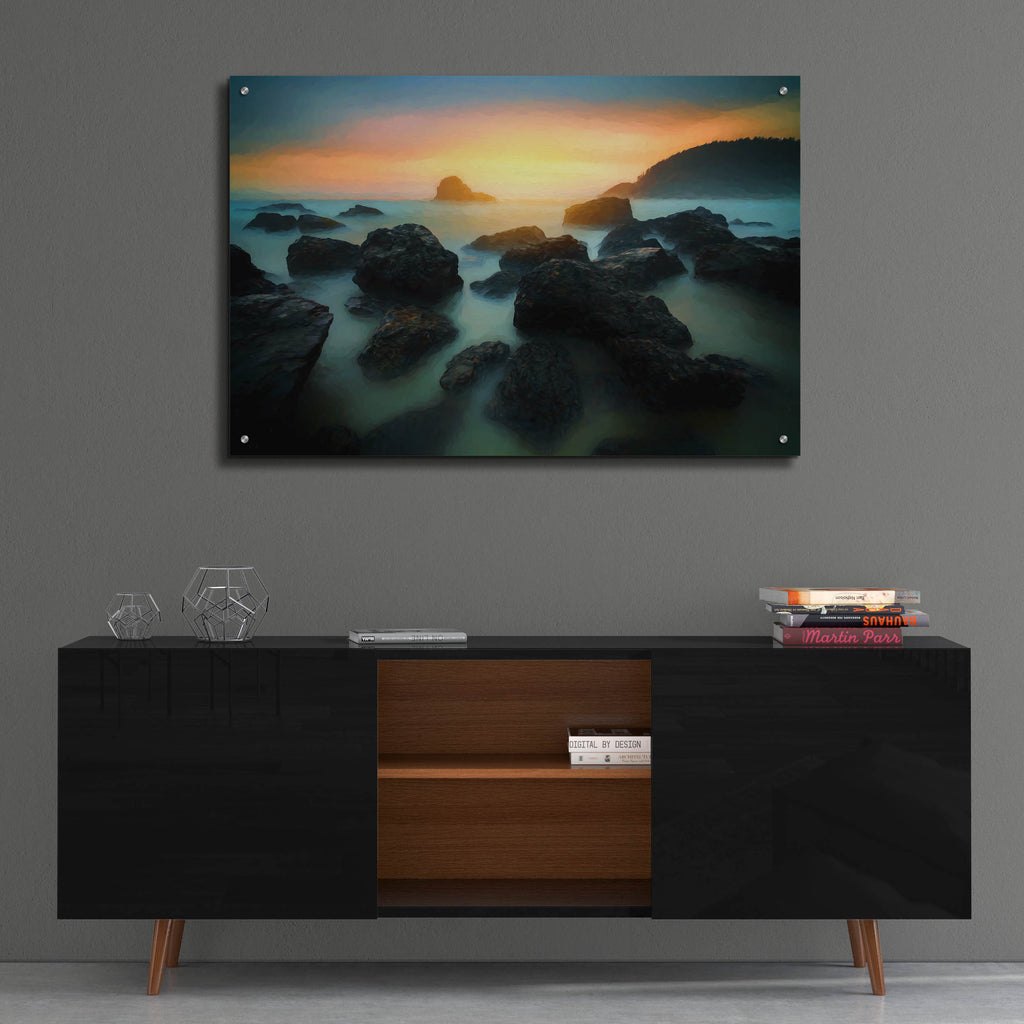 Epic Art 'Misty Sunset on Indian Beach Oil Painting' by Rick Berk, Acrylic Glass Wall Art,36x24