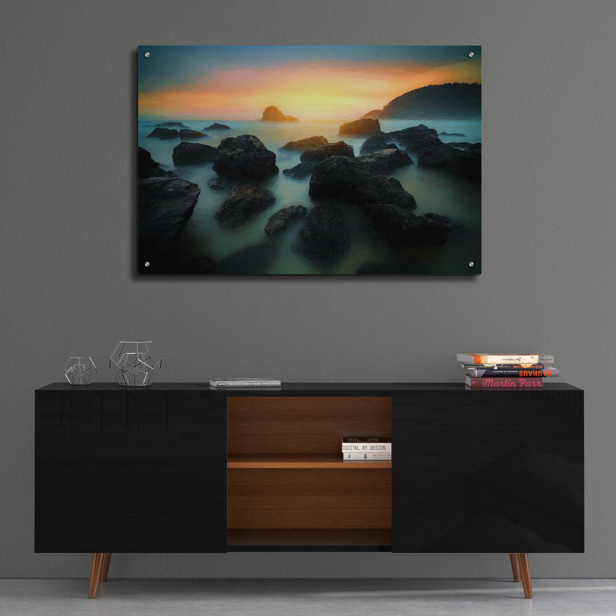 Epic Art 'Misty Sunset on Indian Beach Oil Painting' by Rick Berk, Acrylic Glass Wall Art,36x24