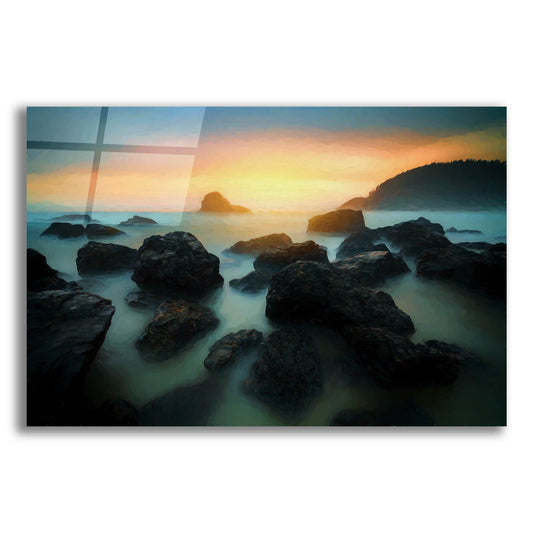 Epic Art 'Misty Sunset on Indian Beach Oil Painting' by Rick Berk, Acrylic Glass Wall Art