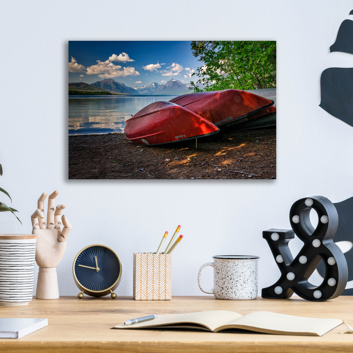 Epic Art 'Red Canoes on Lake McDonald' by Rick Berk, Acrylic Glass Wall Art,16x12