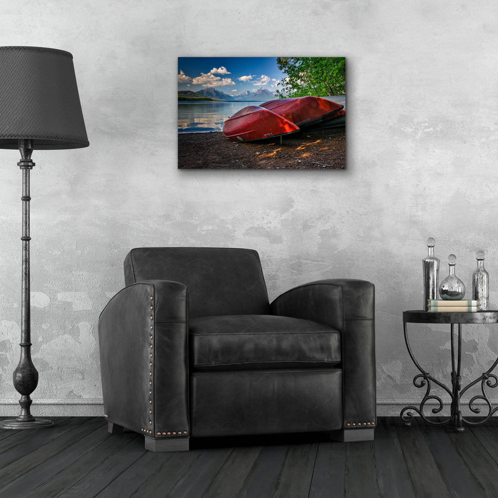 Epic Art 'Red Canoes on Lake McDonald' by Rick Berk, Acrylic Glass Wall Art,24x16