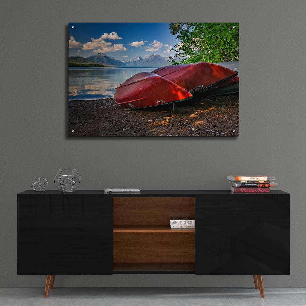 Epic Art 'Red Canoes on Lake McDonald' by Rick Berk, Acrylic Glass Wall Art,36x24