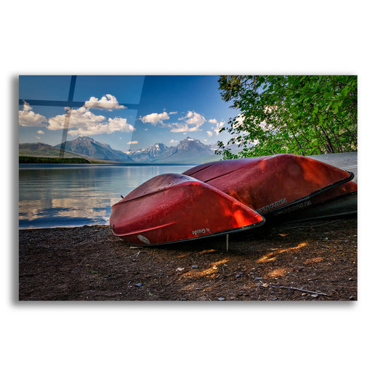 Epic Art 'Red Canoes on Lake McDonald' by Rick Berk, Acrylic Glass Wall Art