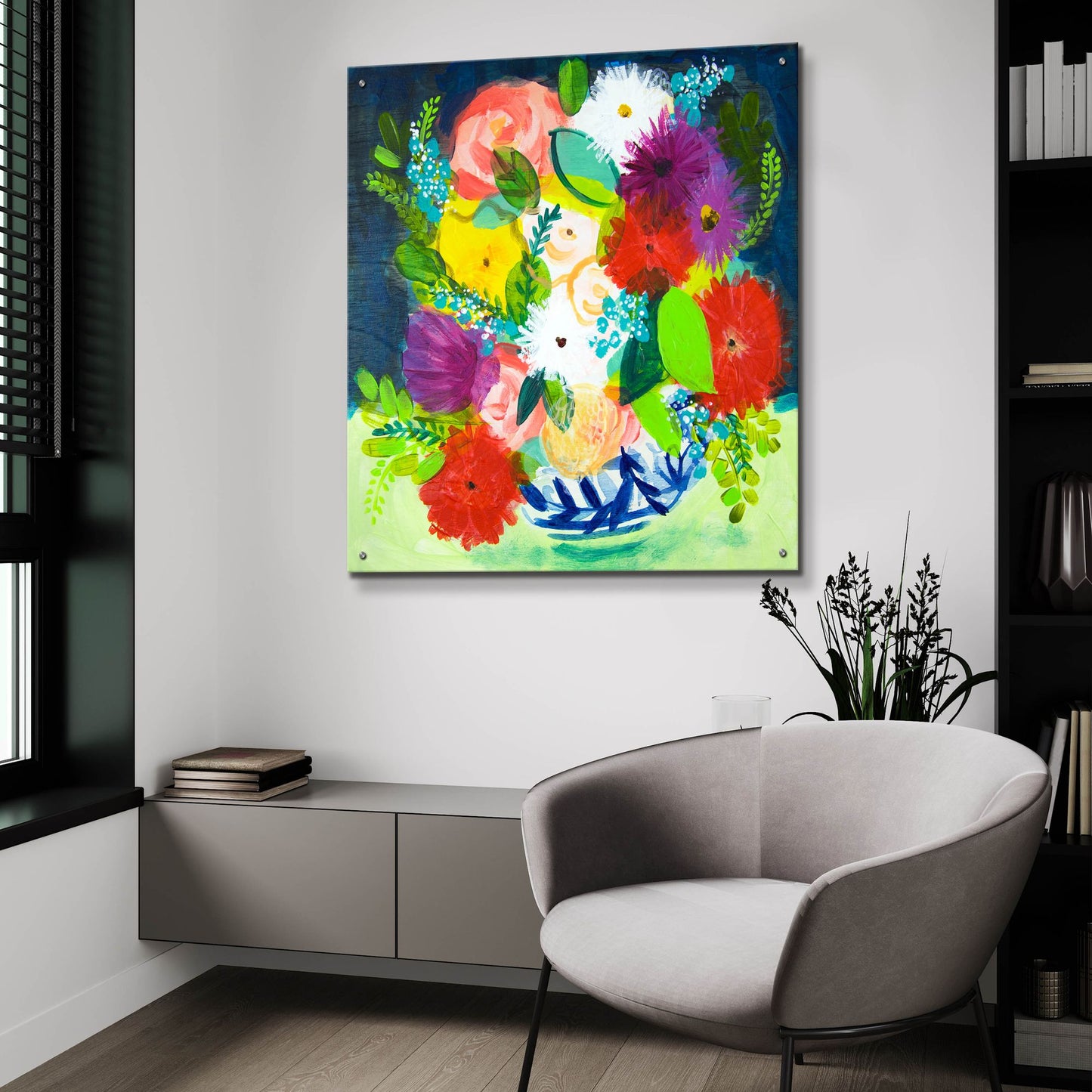 Epic Art 'Summer Bouquet With Blue And White Vase III' by Shelley Hampe, Acrylic Glass Wall Art,36x36