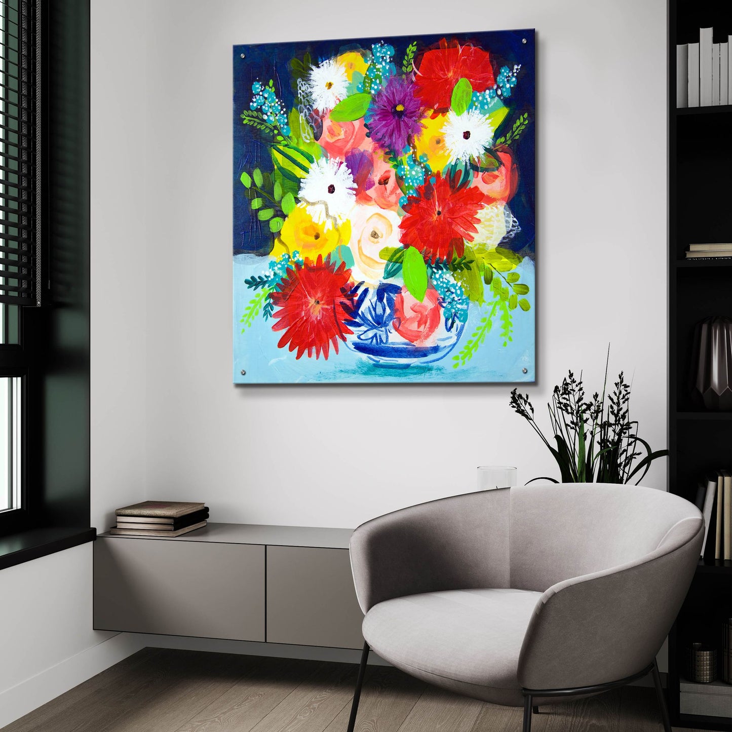 Epic Art 'Summer Bouquet With Blue And White Vase II' by Shelley Hampe, Acrylic Glass Wall Art,36x36