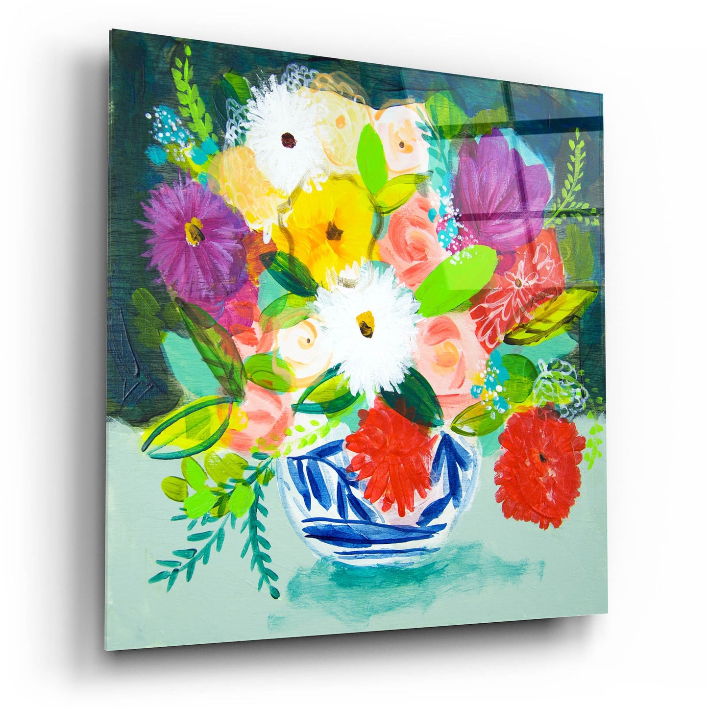 Epic Art 'Summer Bouquet With Blue And White Vase IV' by Shelley Hampe, Acrylic Glass Wall Art,12x12