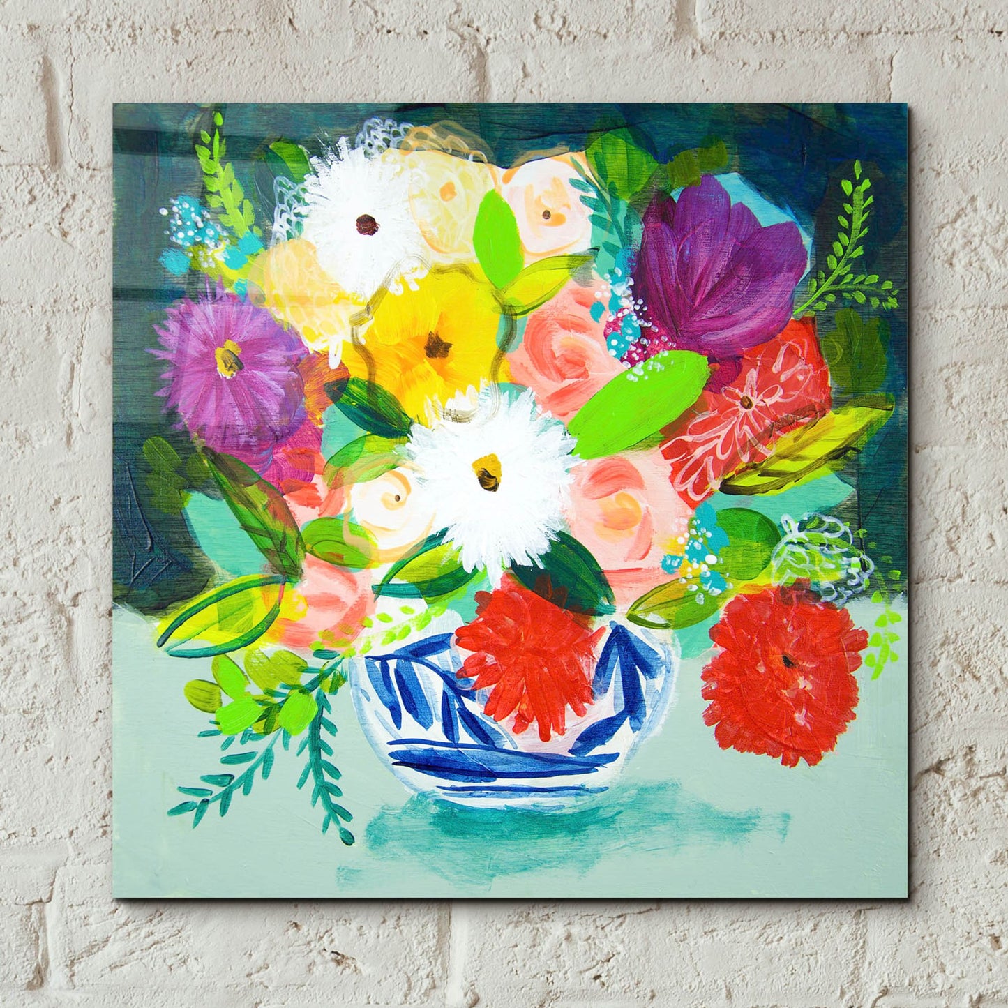 Epic Art 'Summer Bouquet With Blue And White Vase IV' by Shelley Hampe, Acrylic Glass Wall Art,12x12