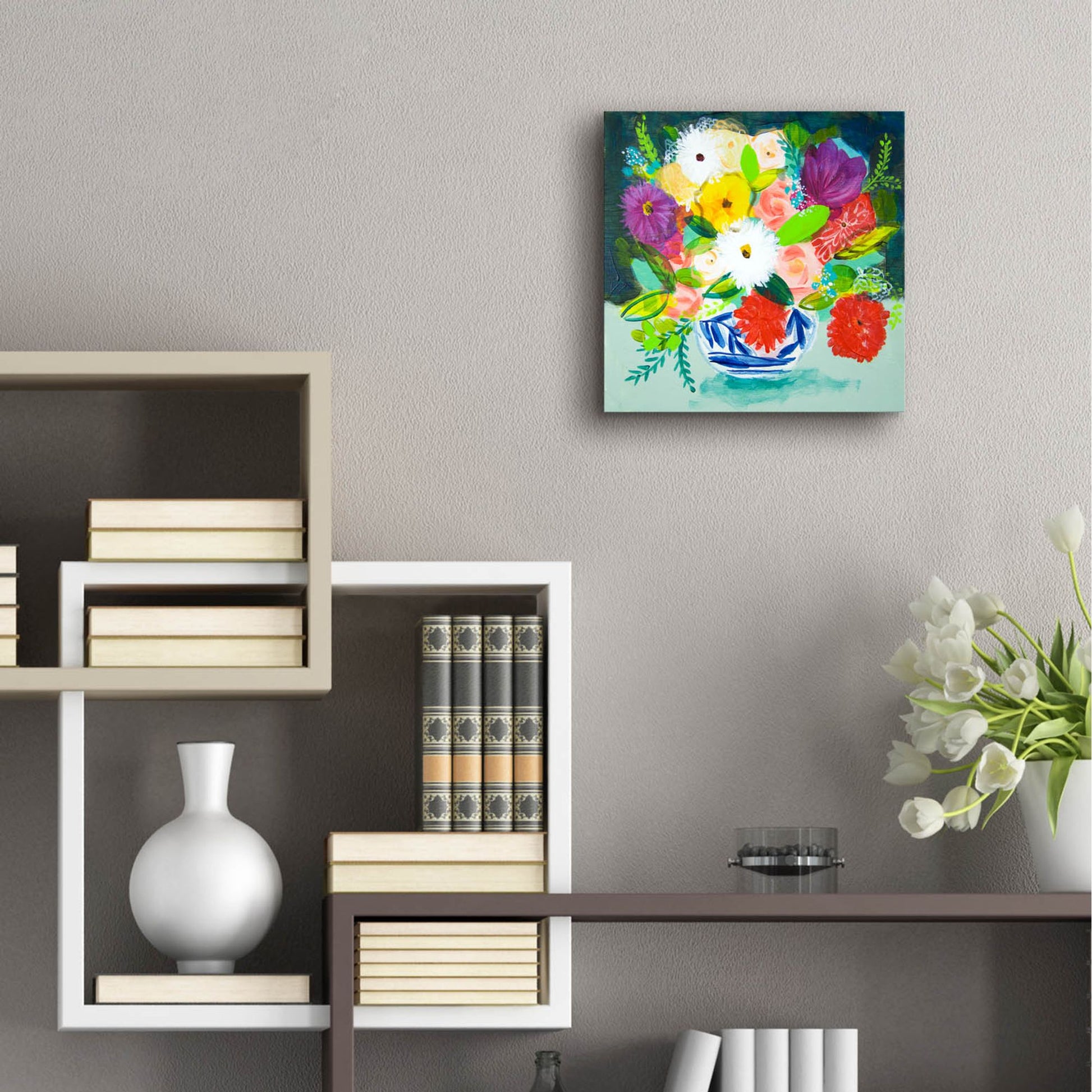 Epic Art 'Summer Bouquet With Blue And White Vase IV' by Shelley Hampe, Acrylic Glass Wall Art,12x12