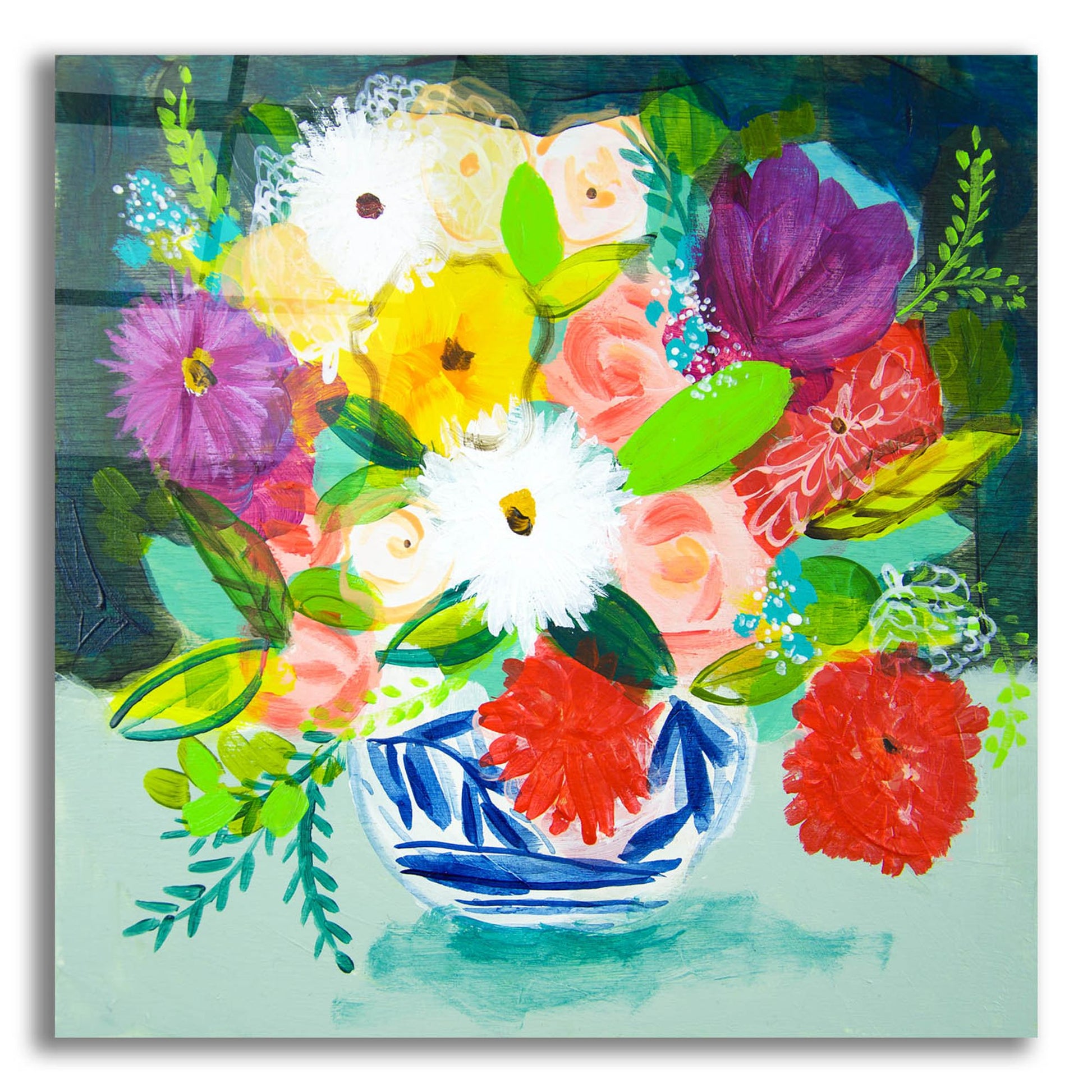 Epic Art 'Summer Bouquet With Blue And White Vase IV' by Shelley Hampe, Acrylic Glass Wall Art,12x12