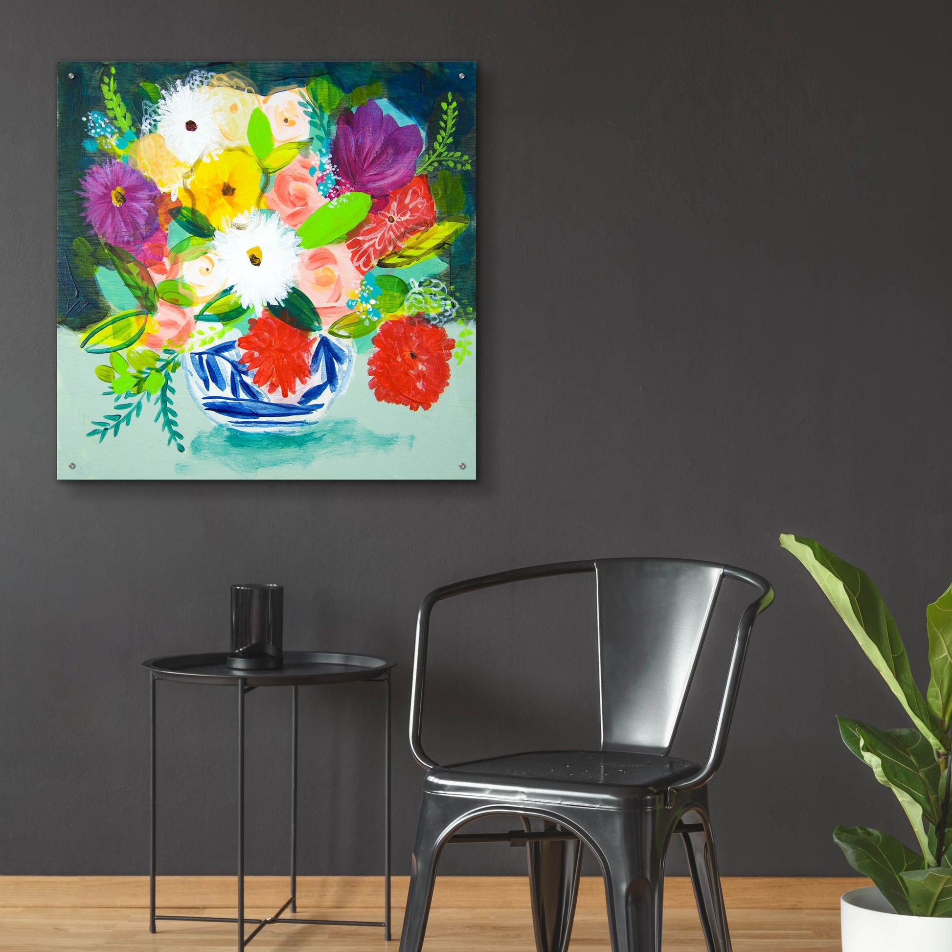 Epic Art 'Summer Bouquet With Blue And White Vase IV' by Shelley Hampe, Acrylic Glass Wall Art,36x36