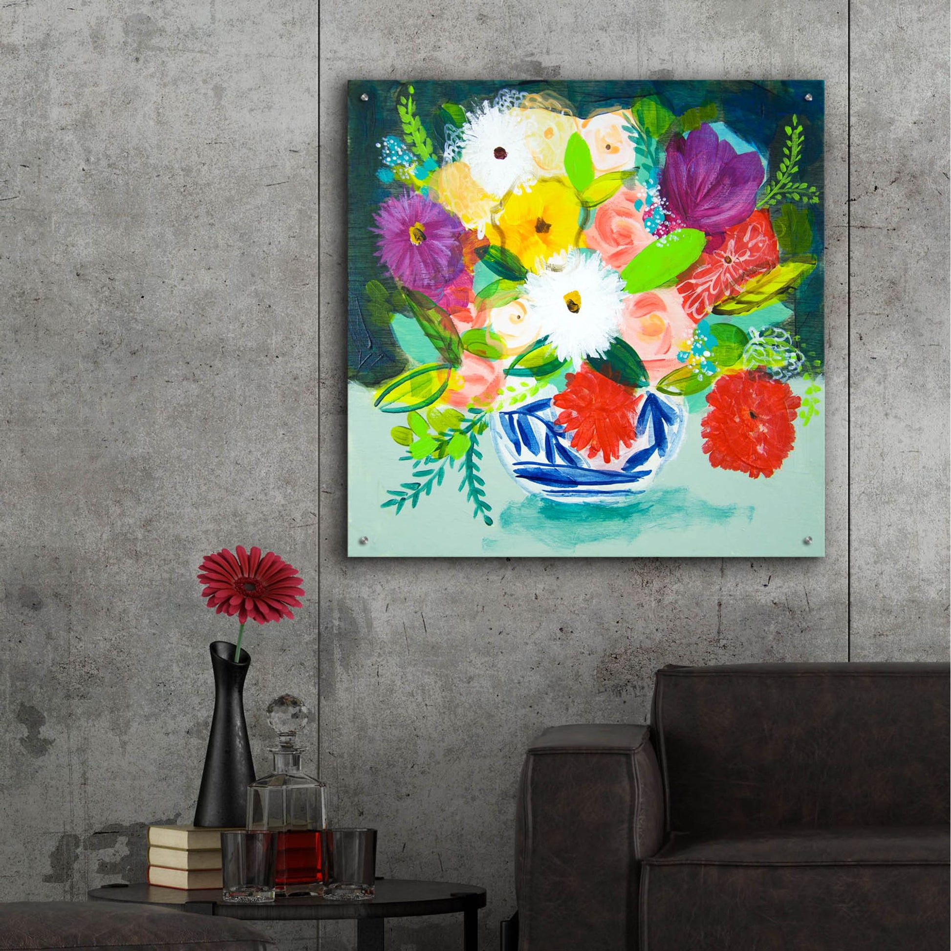 Epic Art 'Summer Bouquet With Blue And White Vase IV' by Shelley Hampe, Acrylic Glass Wall Art,36x36