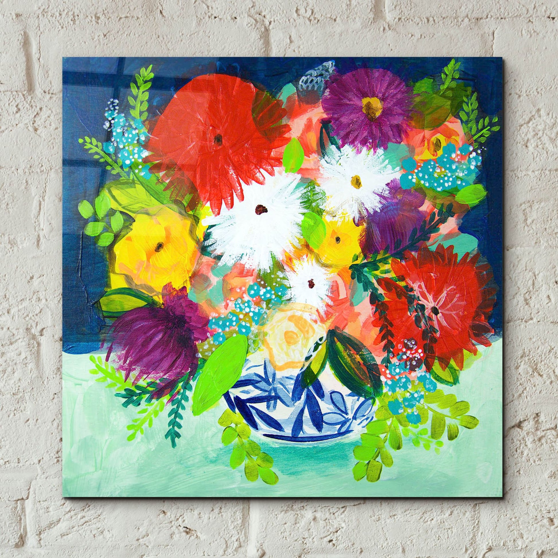 Epic Art 'Summer Bouquet With Blue And White Vase I' by Shelley Hampe, Acrylic Glass Wall Art,12x12