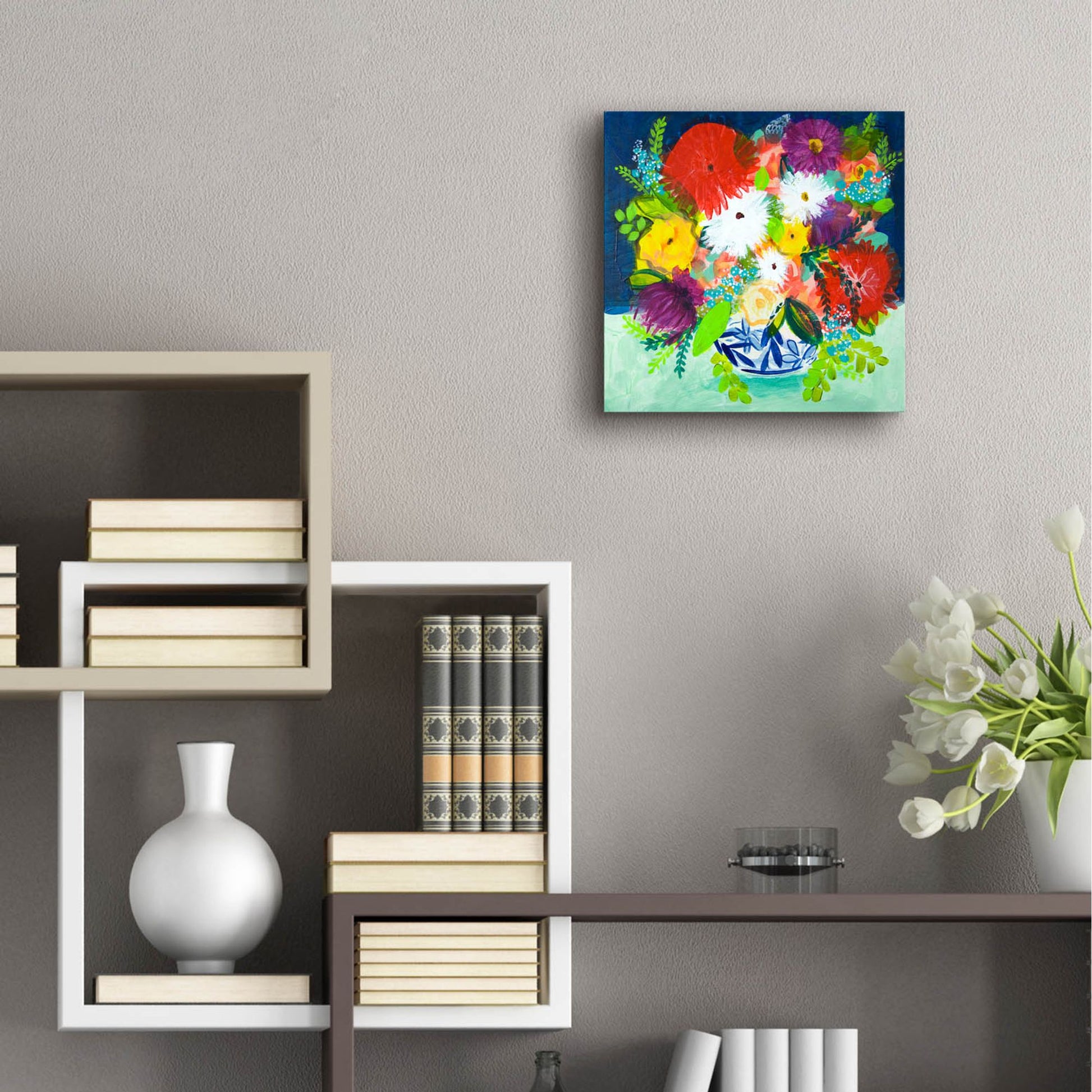 Epic Art 'Summer Bouquet With Blue And White Vase I' by Shelley Hampe, Acrylic Glass Wall Art,12x12