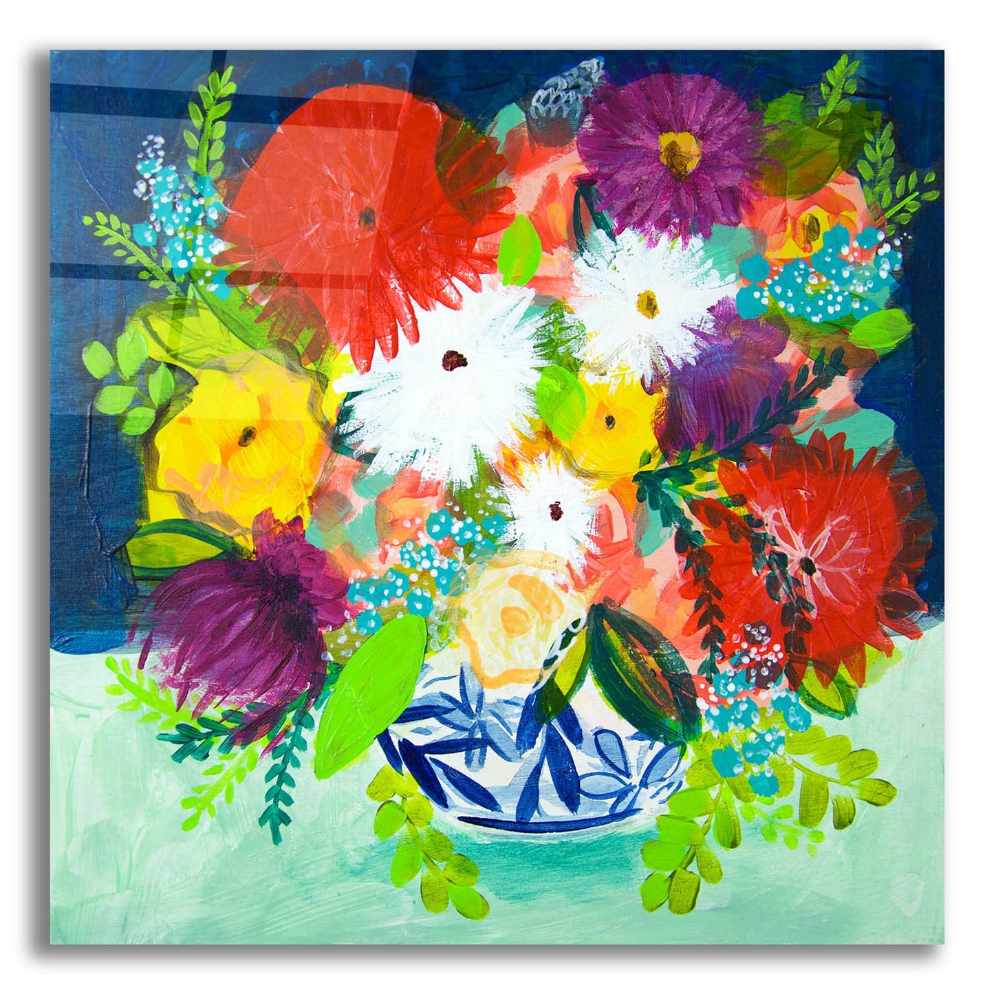 Epic Art 'Summer Bouquet With Blue And White Vase I' by Shelley Hampe, Acrylic Glass Wall Art,12x12