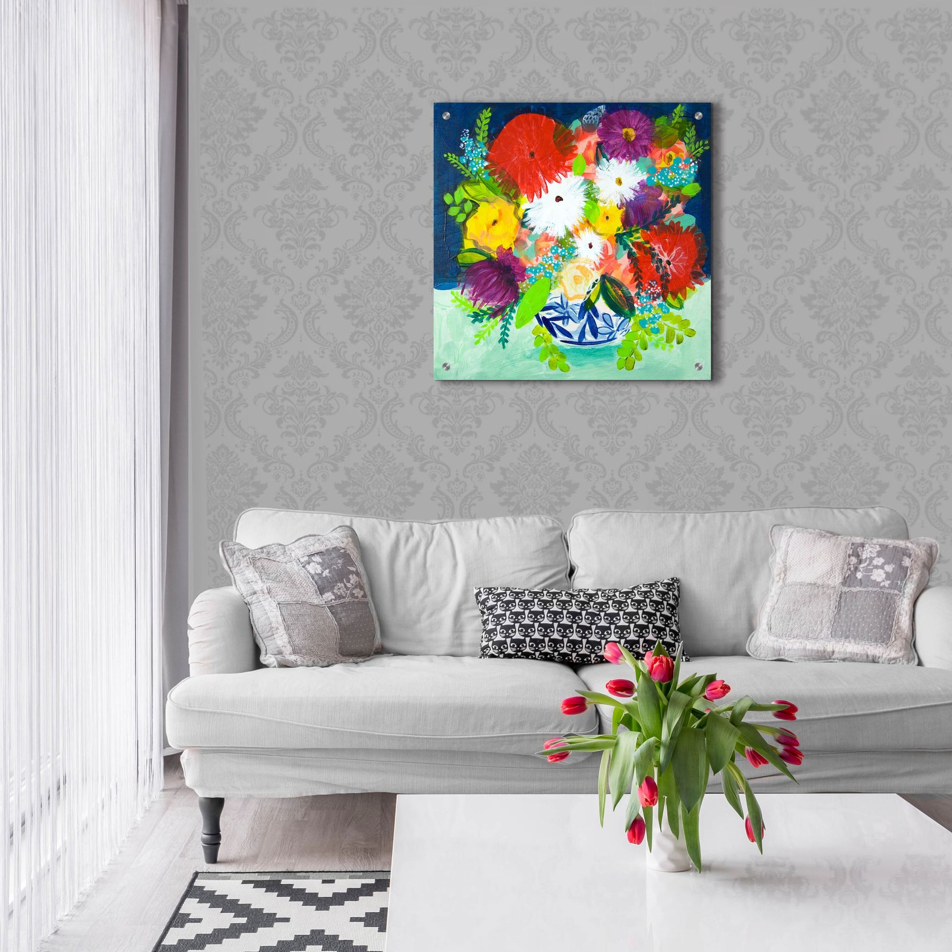 Epic Art 'Summer Bouquet With Blue And White Vase I' by Shelley Hampe, Acrylic Glass Wall Art,24x24