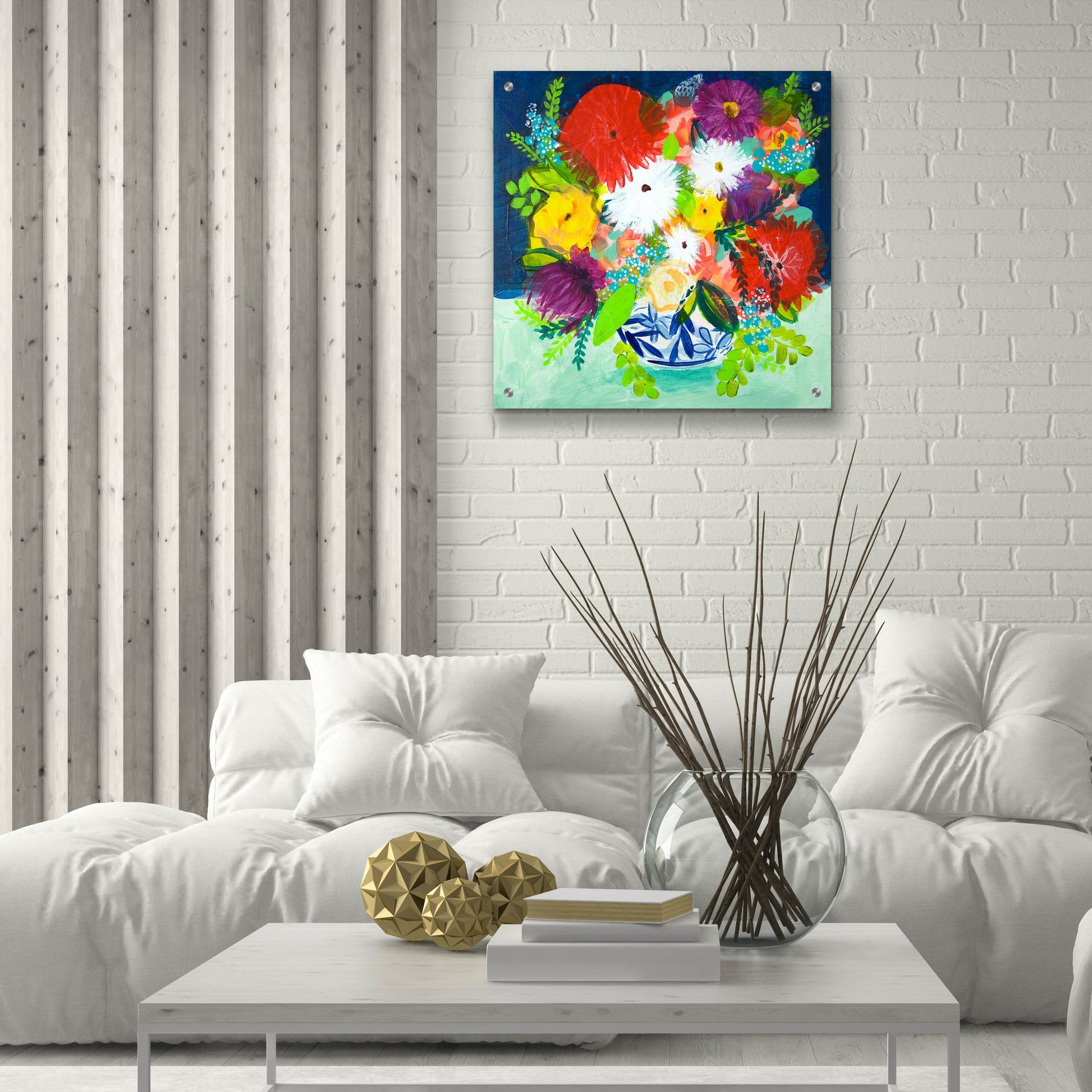 Epic Art 'Summer Bouquet With Blue And White Vase I' by Shelley Hampe, Acrylic Glass Wall Art,24x24