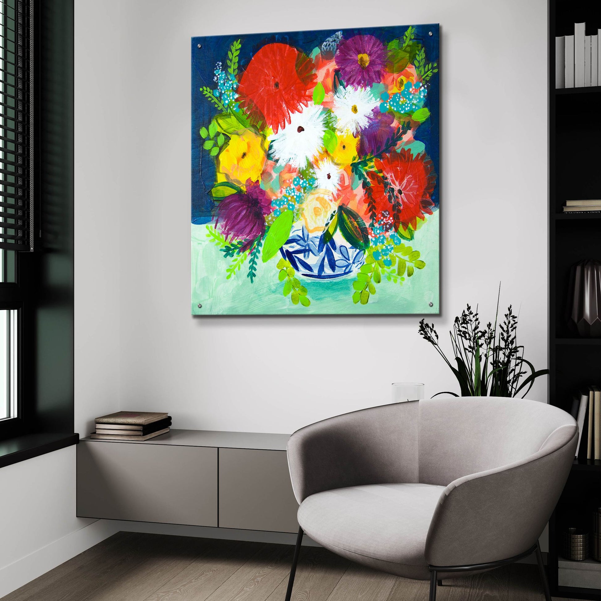 Epic Art 'Summer Bouquet With Blue And White Vase I' by Shelley Hampe, Acrylic Glass Wall Art,36x36