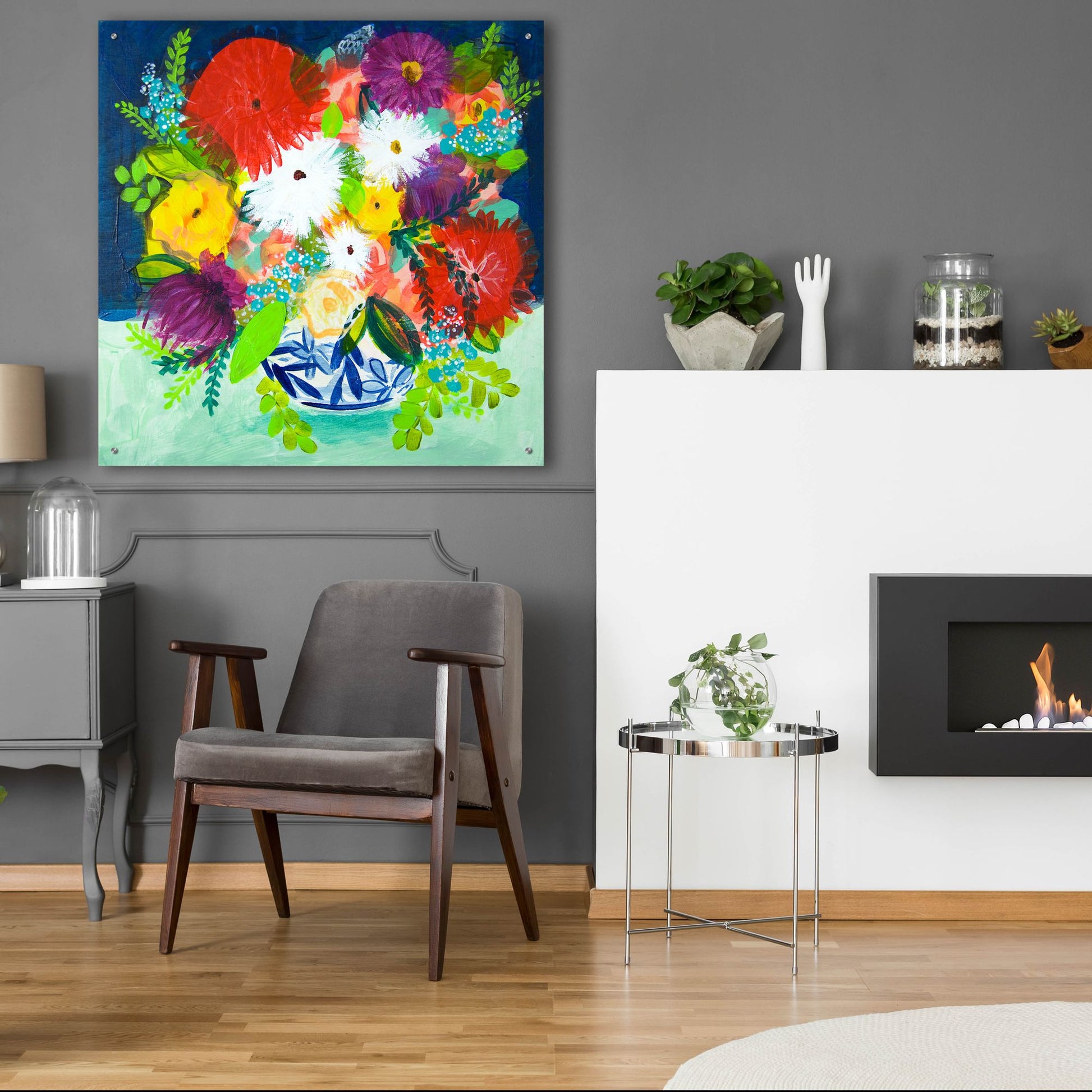 Epic Art 'Summer Bouquet With Blue And White Vase I' by Shelley Hampe, Acrylic Glass Wall Art,36x36