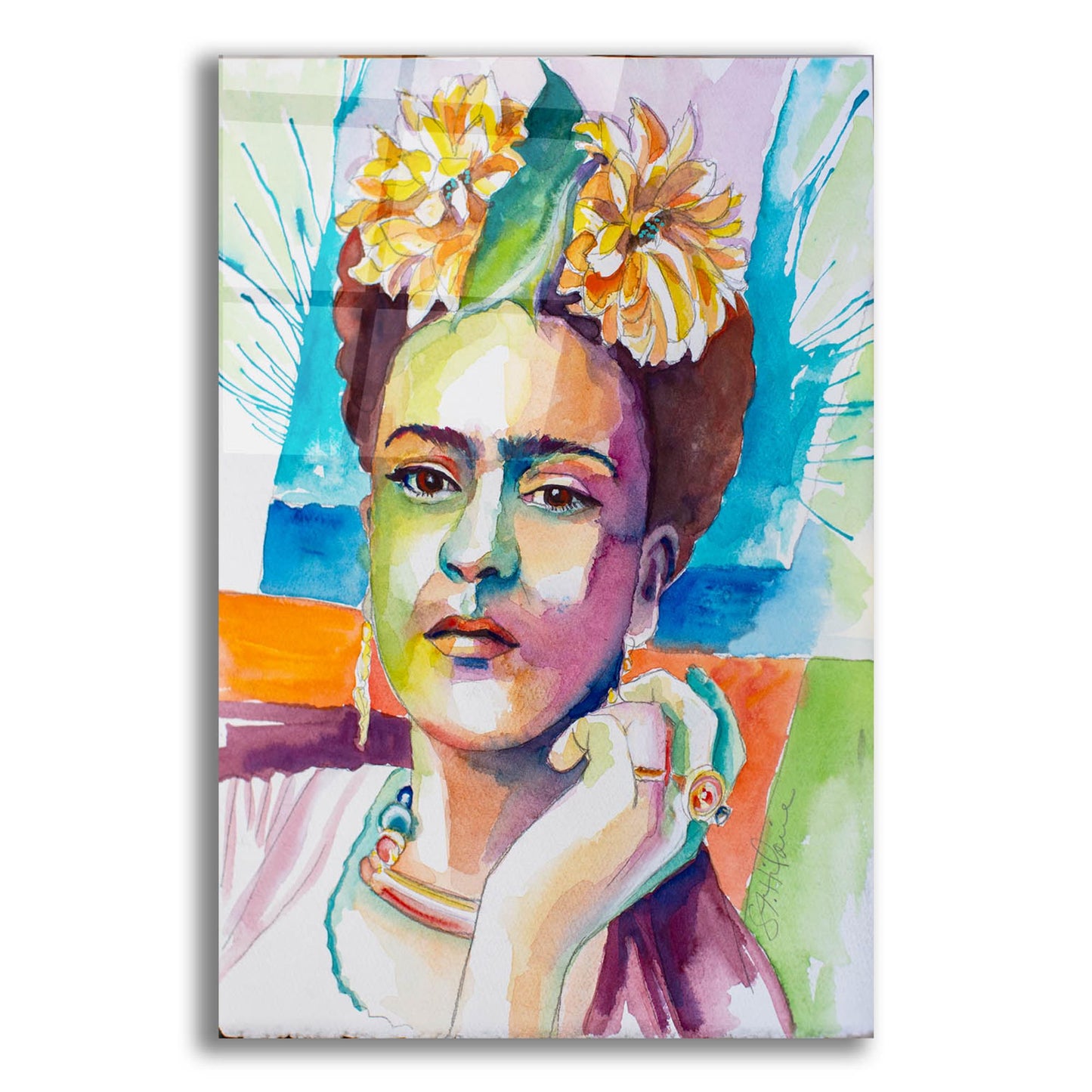 Epic Art 'Frida with Mums' by St. Hilaire Elizabeth, Acrylic Glass Wall Art,12x16