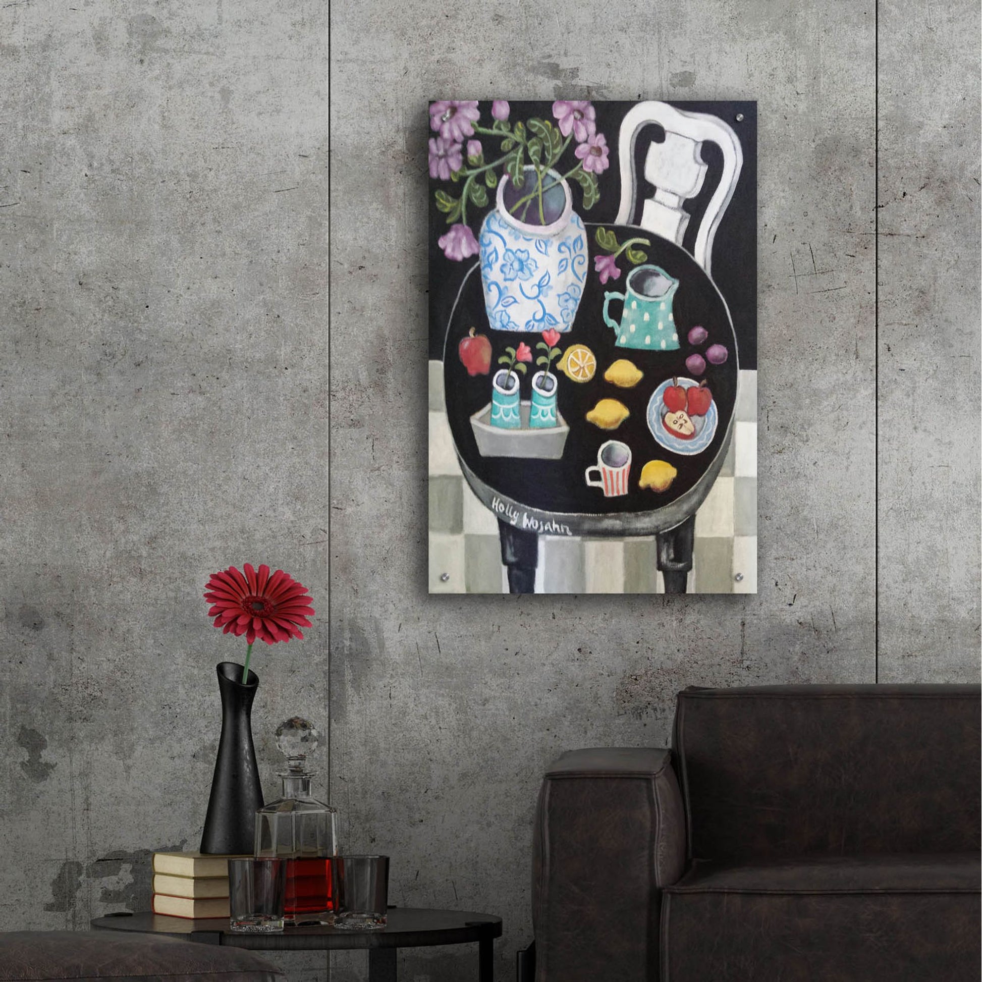 Epic Art 'Fruit and Flowers on Black Table' by Holly Wojhan, Acrylic Glass Wall Art,24x36