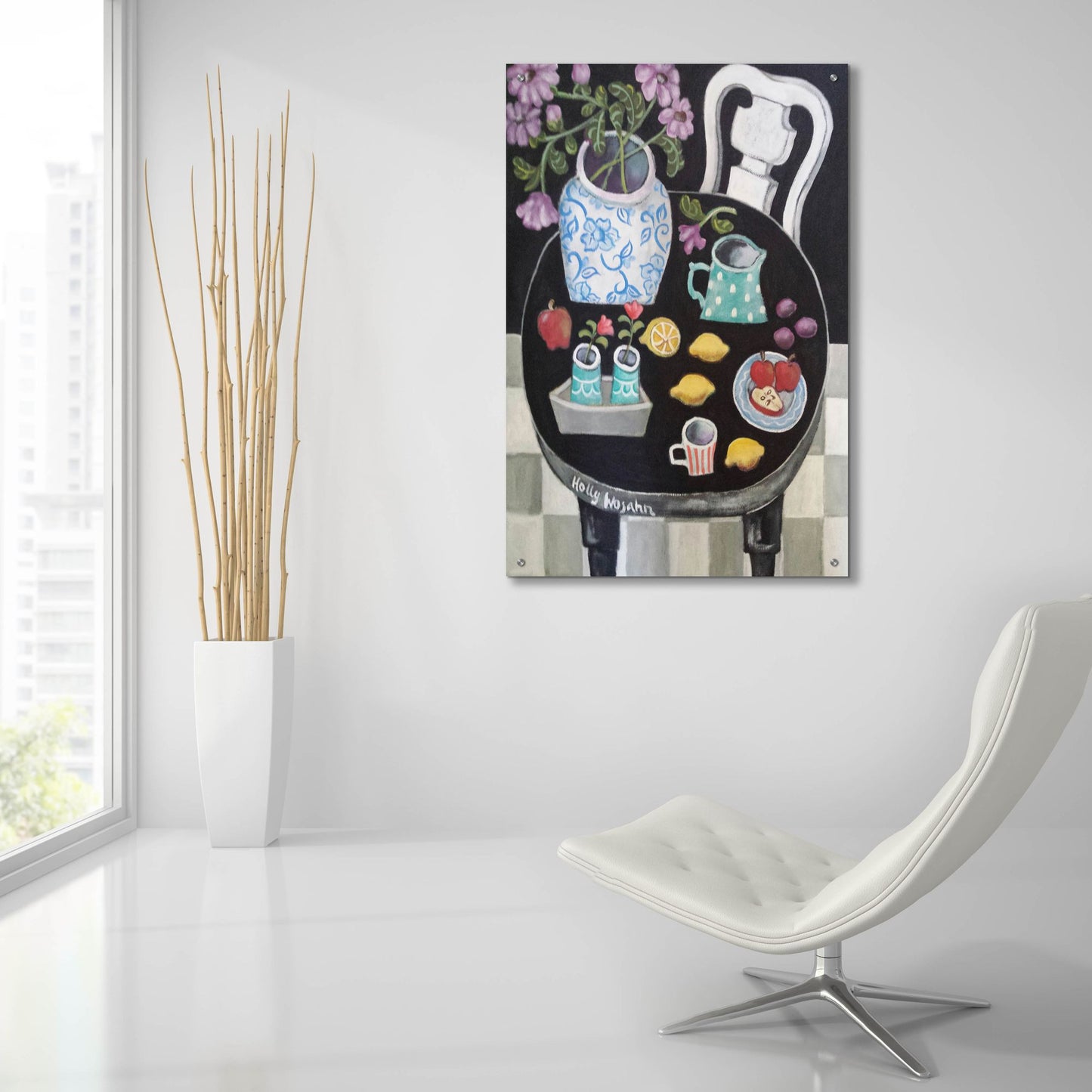 Epic Art 'Fruit and Flowers on Black Table' by Holly Wojhan, Acrylic Glass Wall Art,24x36