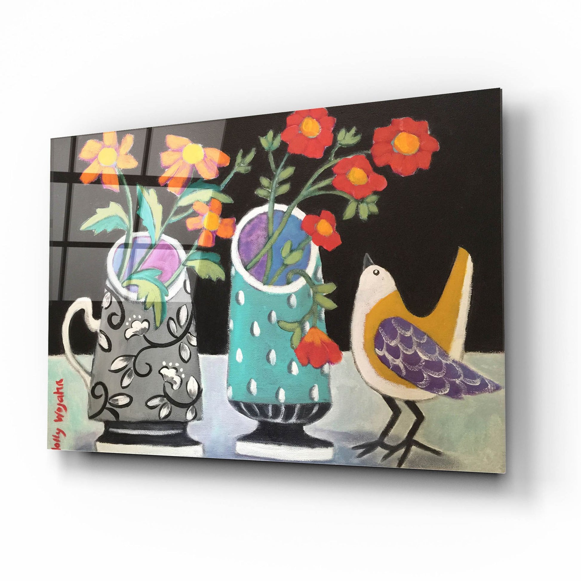 Epic Art 'Two Cheery Vases and a Chirp' by Holly Wojhan, Acrylic Glass Wall Art,16x12