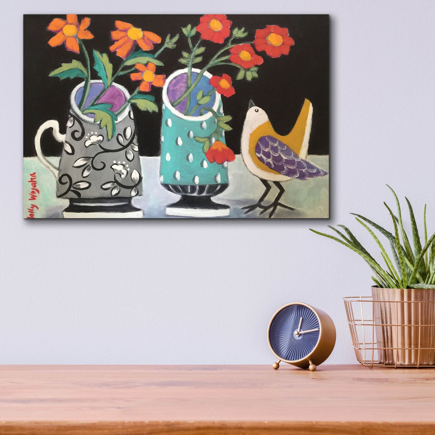 Epic Art 'Two Cheery Vases and a Chirp' by Holly Wojhan, Acrylic Glass Wall Art,16x12