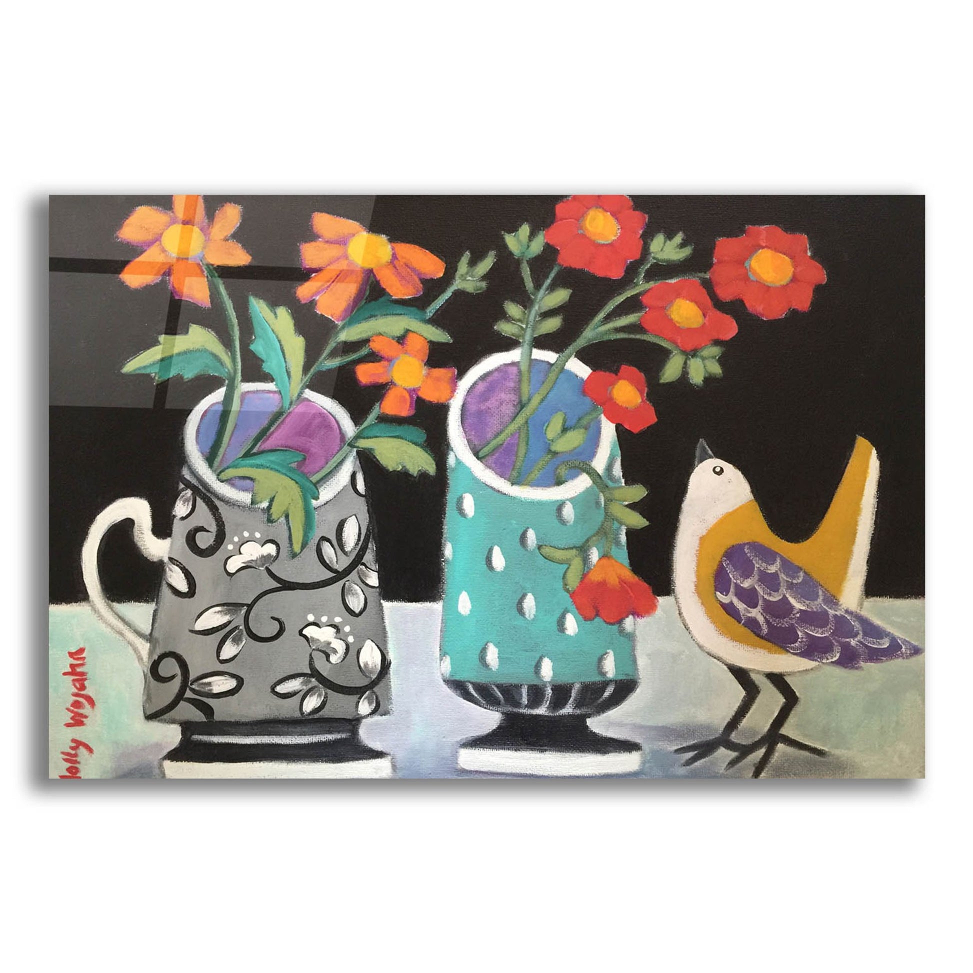 Epic Art 'Two Cheery Vases and a Chirp' by Holly Wojhan, Acrylic Glass Wall Art,16x12