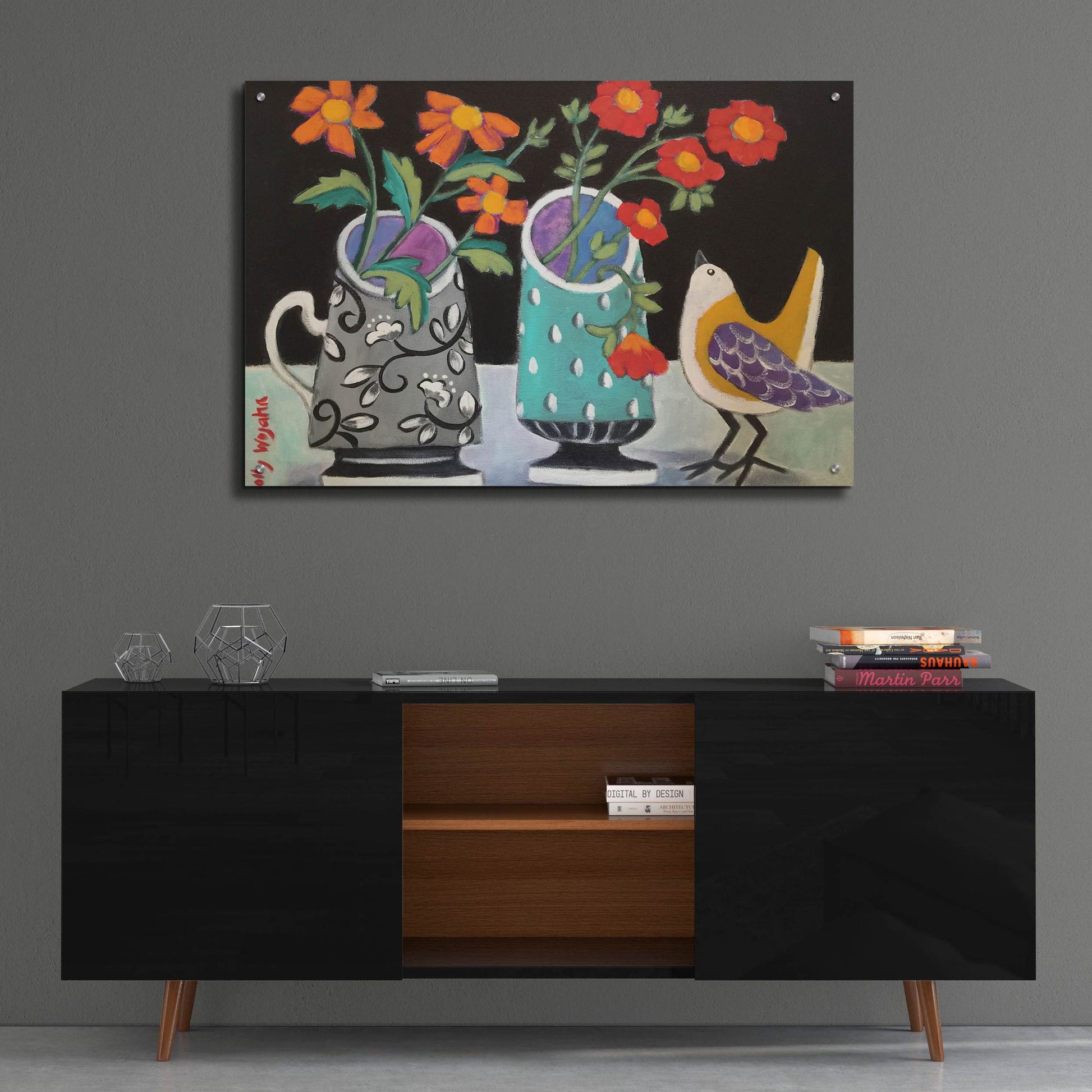 Epic Art 'Two Cheery Vases and a Chirp' by Holly Wojhan, Acrylic Glass Wall Art,36x24