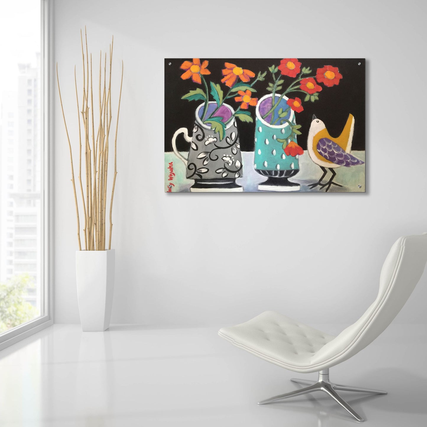 Epic Art 'Two Cheery Vases and a Chirp' by Holly Wojhan, Acrylic Glass Wall Art,36x24