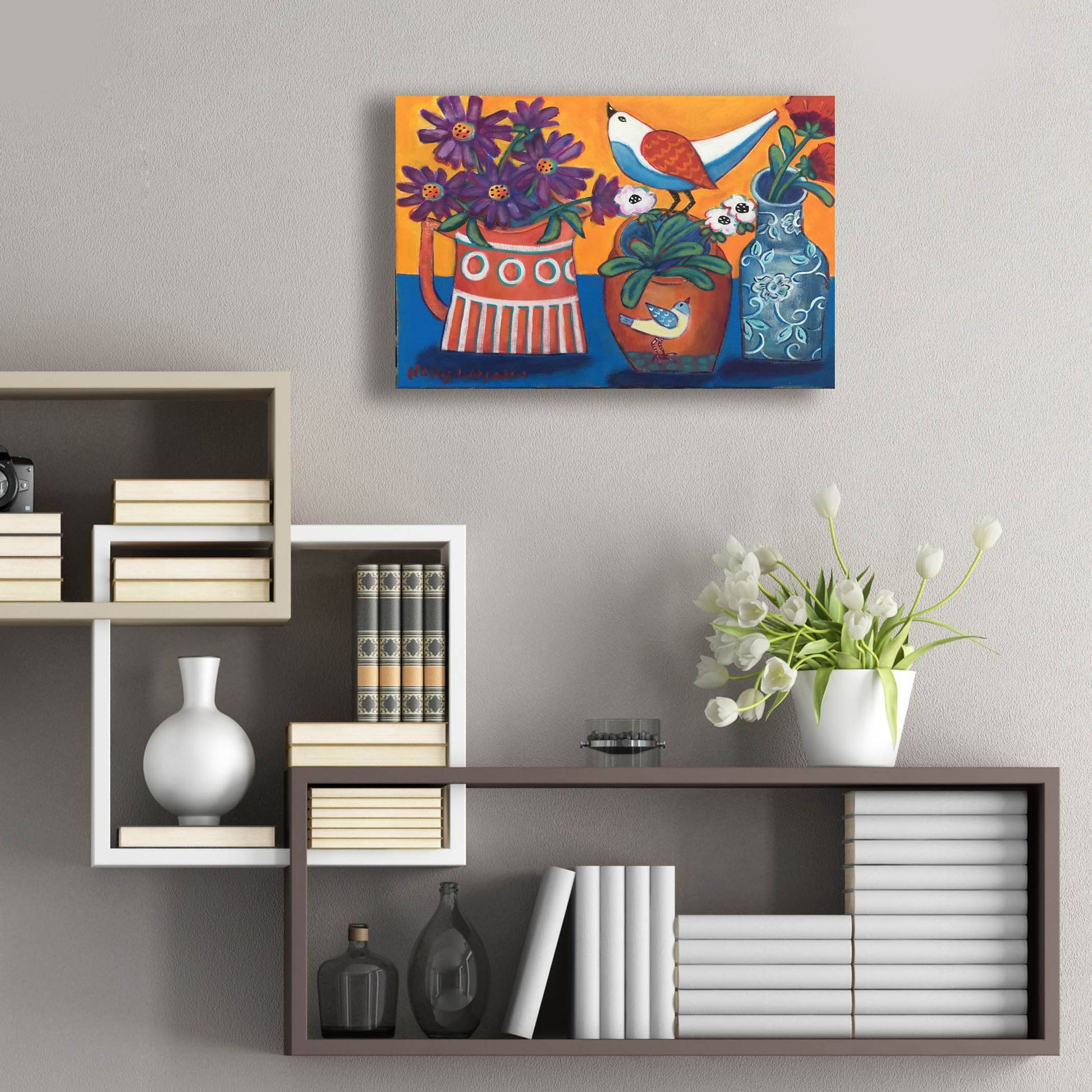 Epic Art 'Orange and Blue Vases' by Holly Wojhan, Acrylic Glass Wall Art,24x16