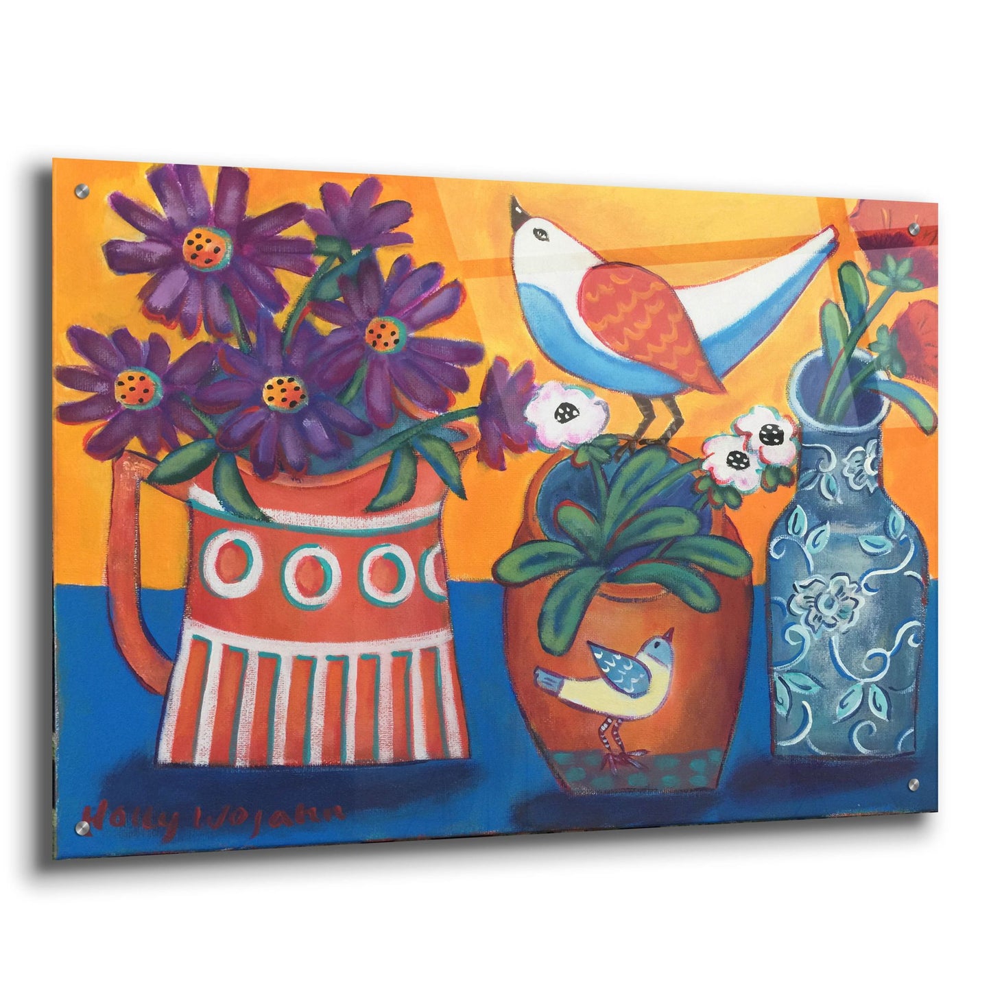 Epic Art 'Orange and Blue Vases' by Holly Wojhan, Acrylic Glass Wall Art,36x24